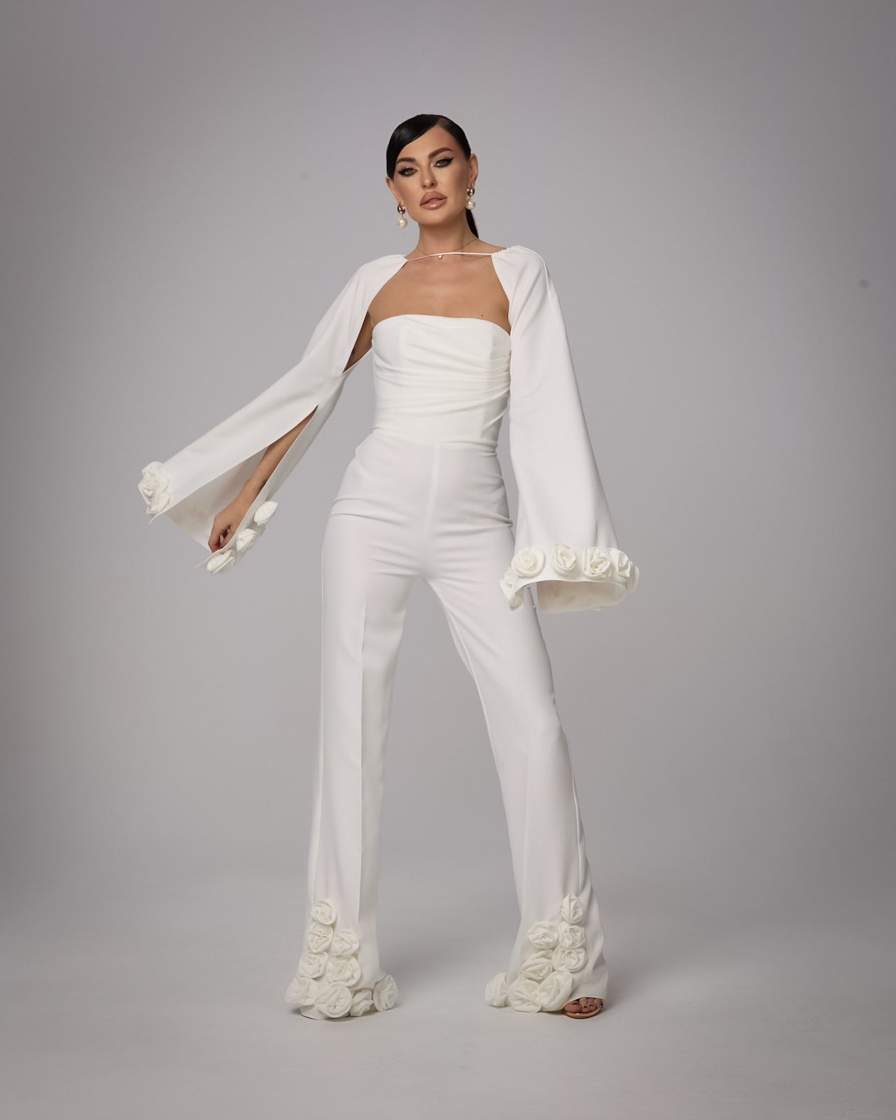 Salopeta Corset cu Aplicatii Florale si Maneci Detasabile, Ivory Bloom