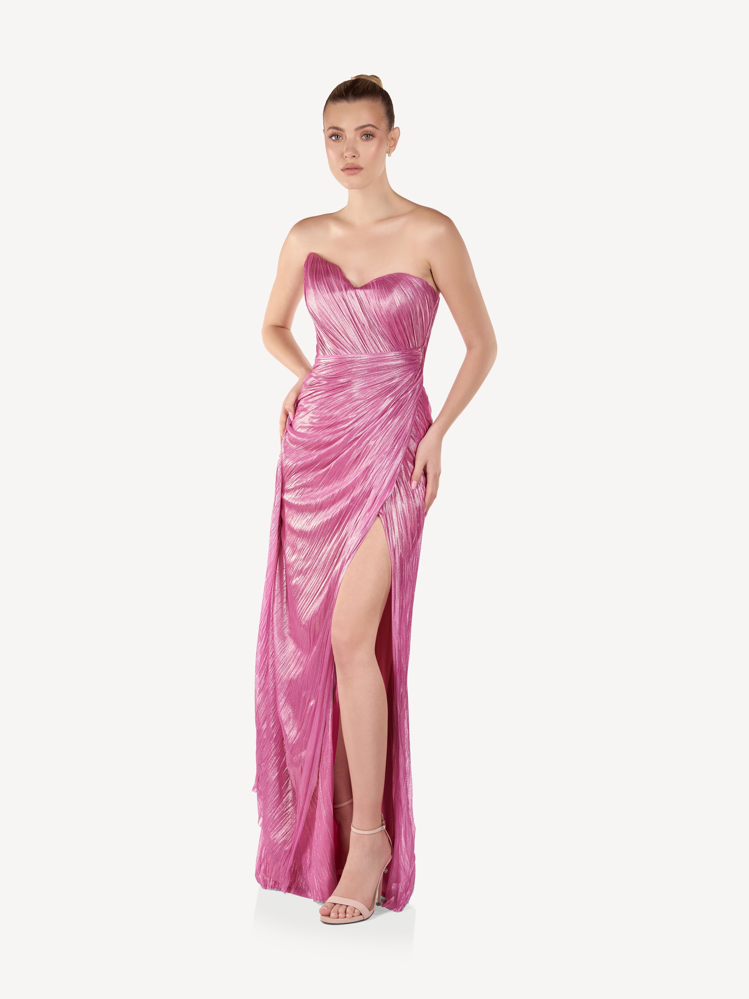 Rochie Maxi din Matase Drapata cu Slit, Pink Lumière