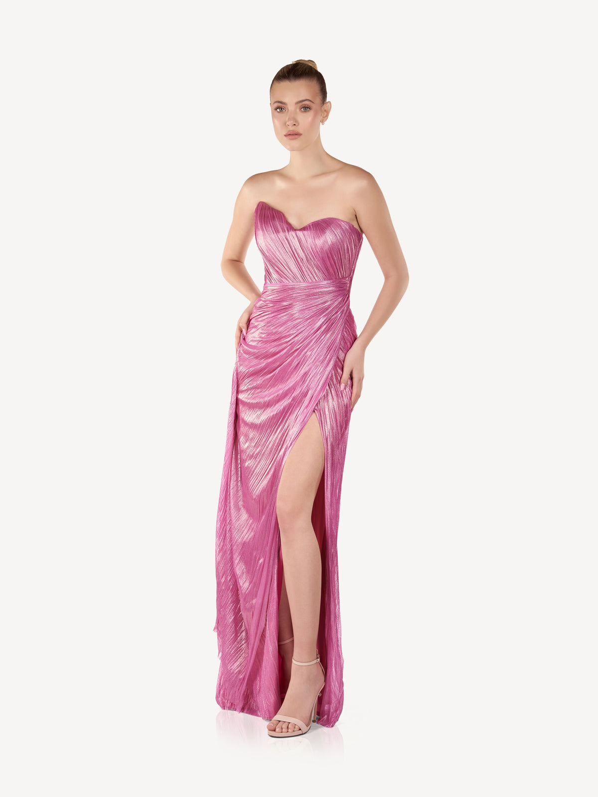 Draped Silk Maxi Dress with Slit, Pink Lumière