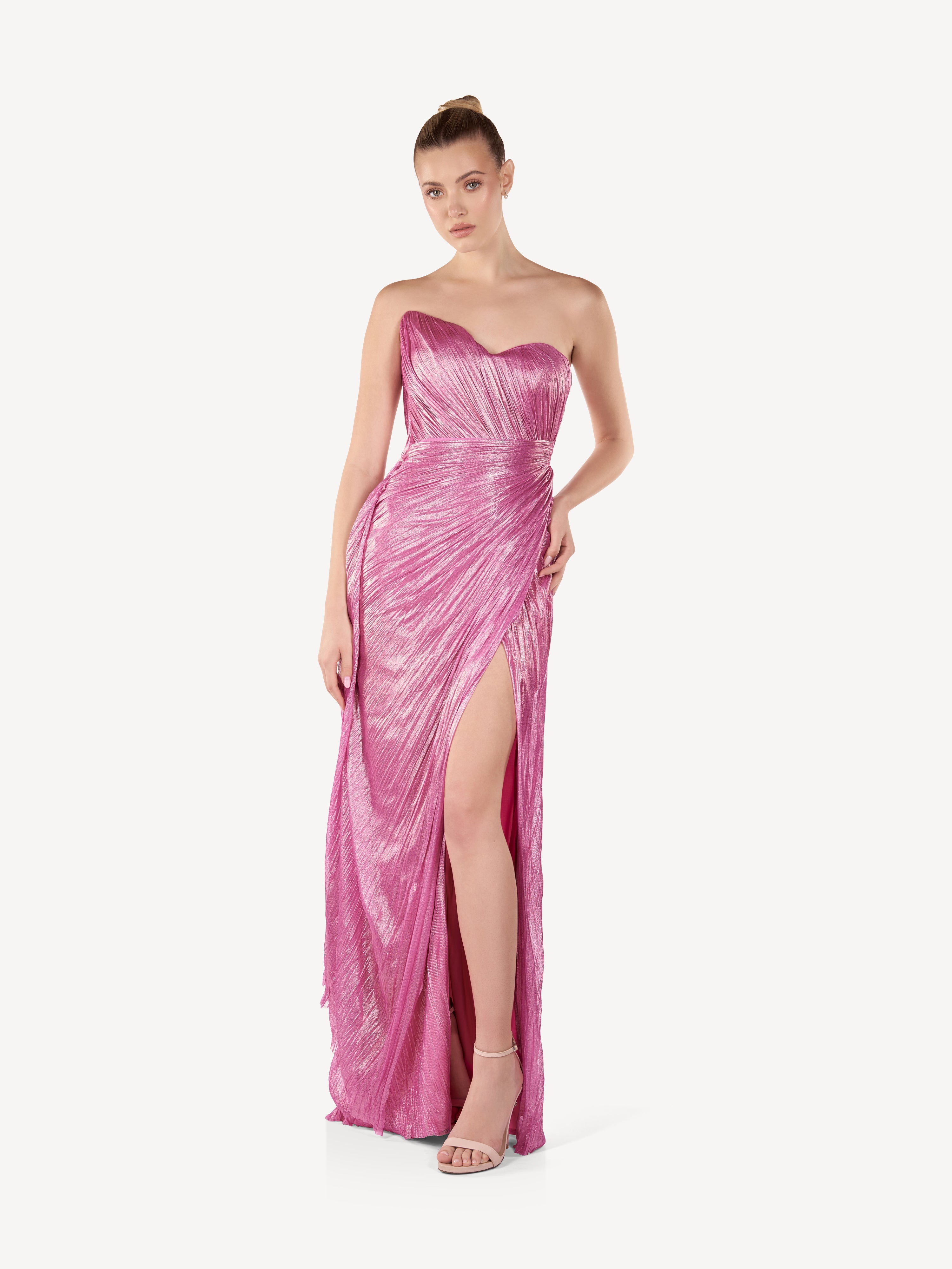 Rochie Maxi din Matase Drapata cu Slit, Pink Lumière