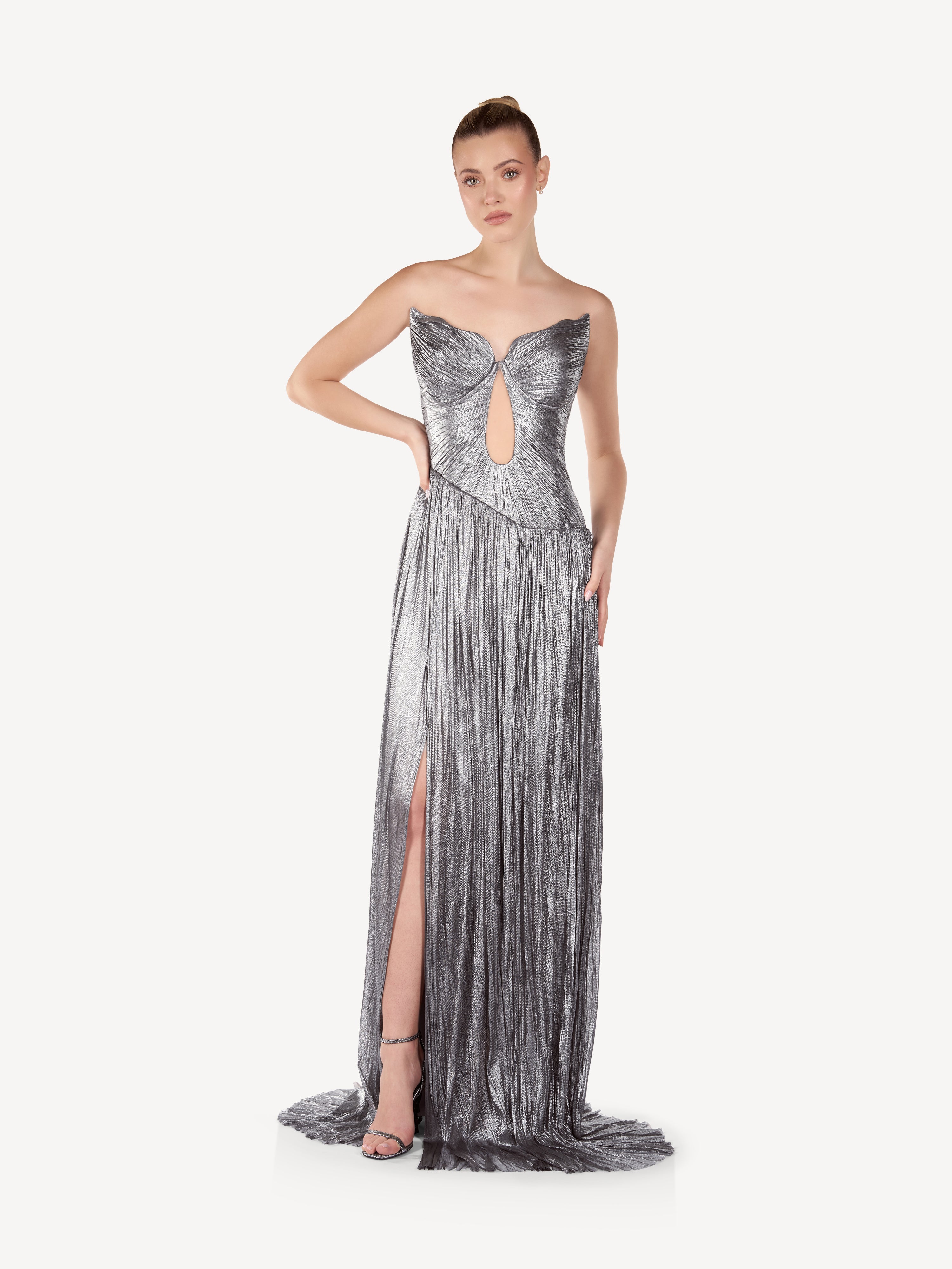 Rochie Maxi Metalizata cu Decupaj, Silver Touch