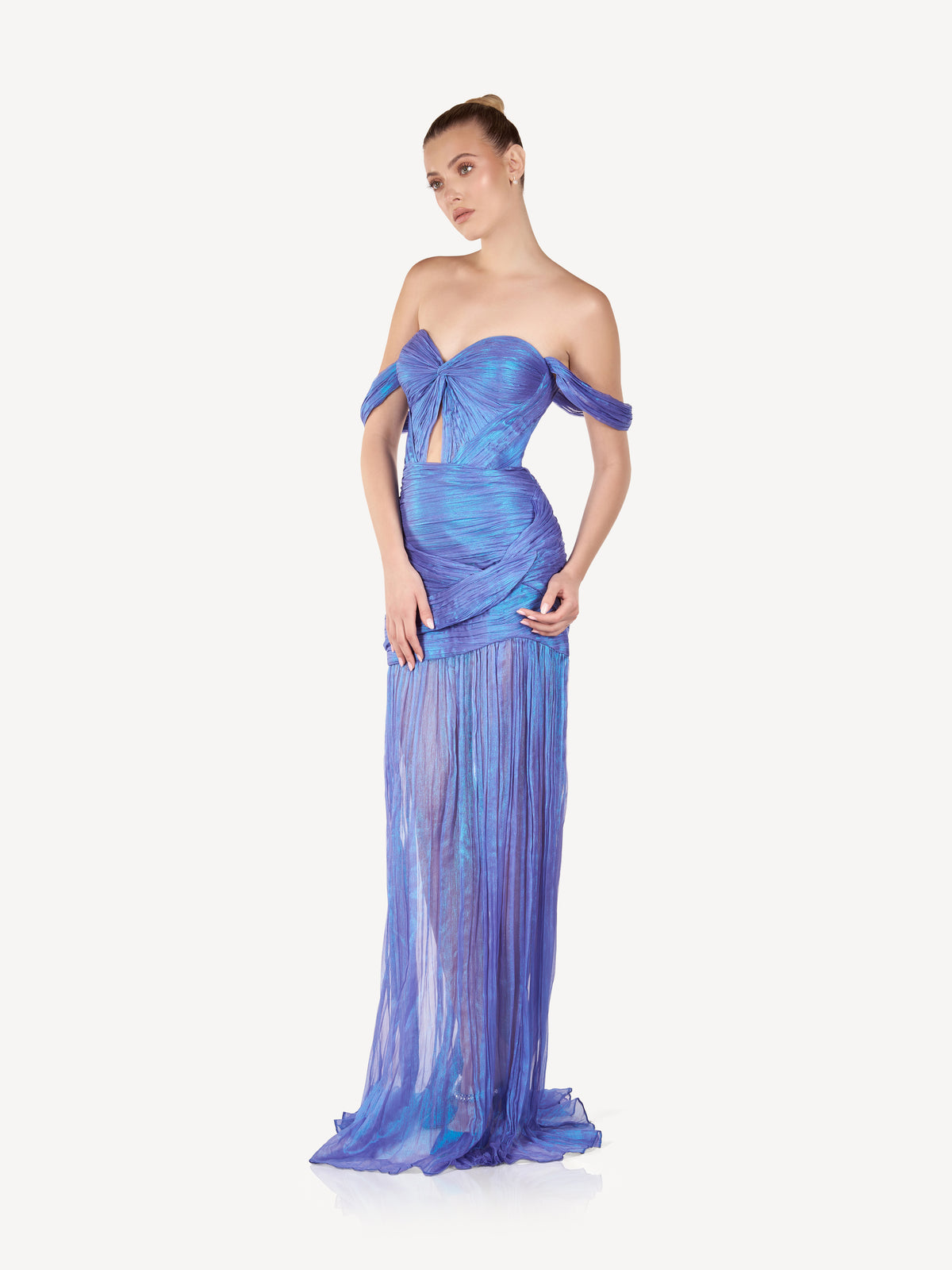 Draped Off-Shoulder Maxi Dress, Blue Mirage