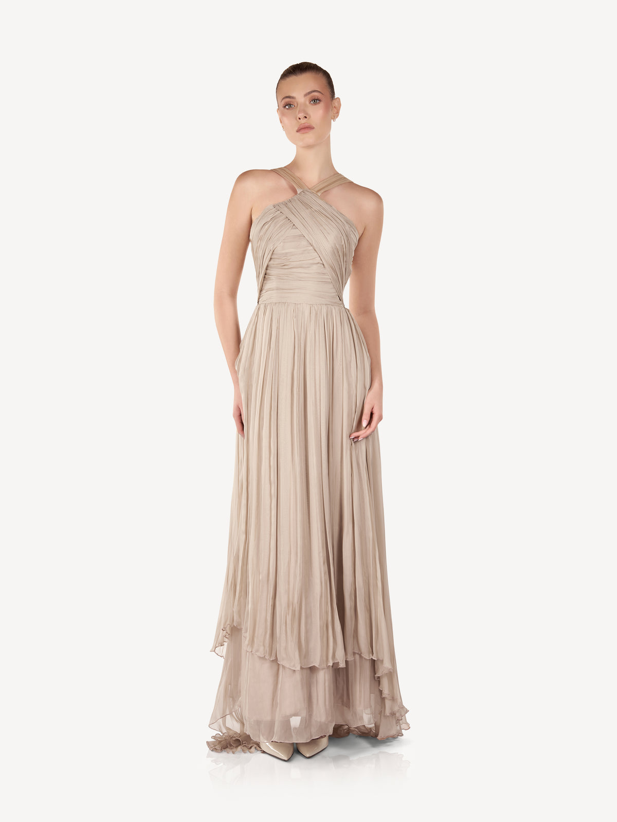 Draped Maxi Dress with Criss-Cross Straps, Sand Whisper