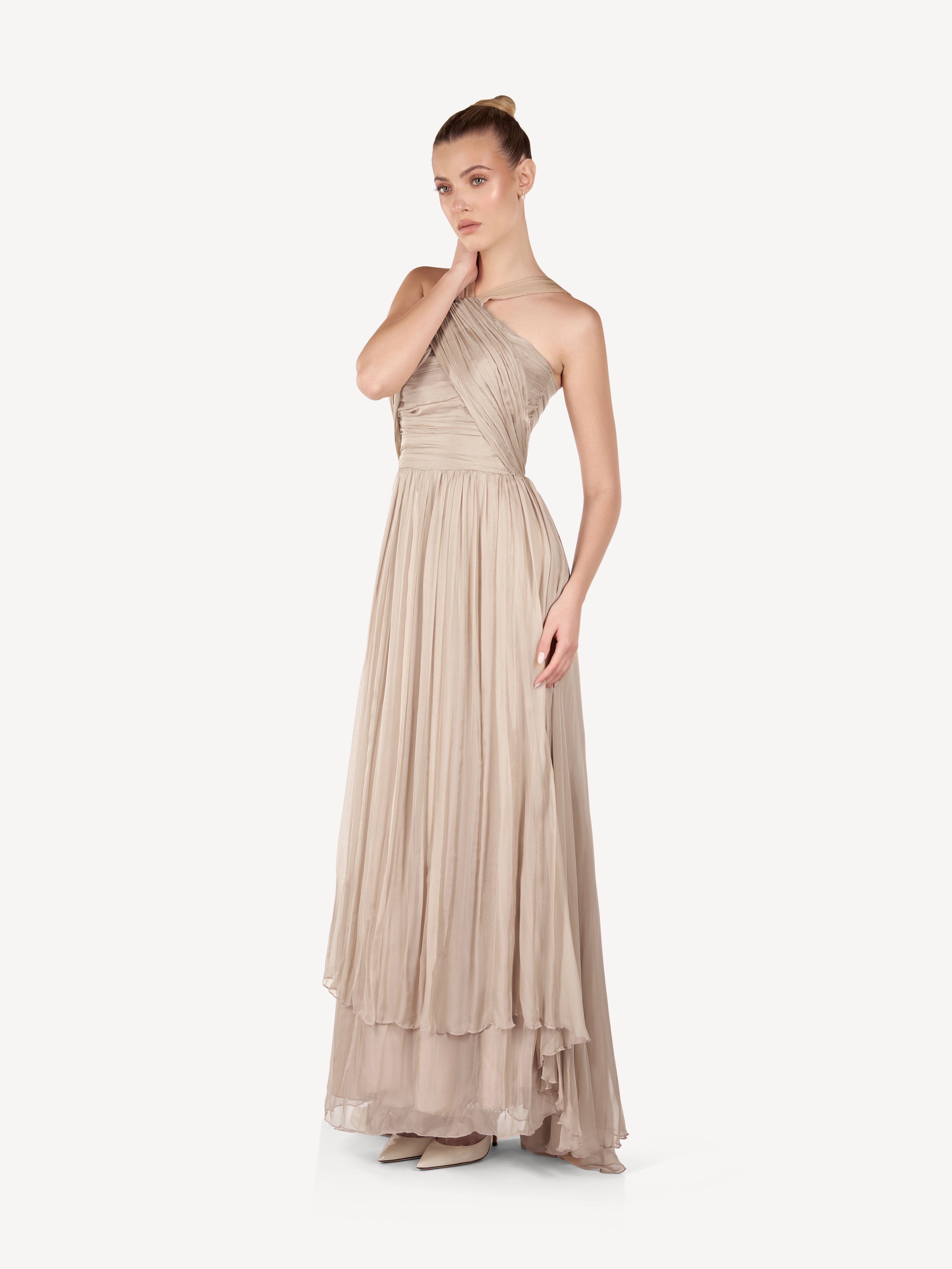 Rochie Maxi Drapata cu Bretele Incrucisate, Sand Whisper