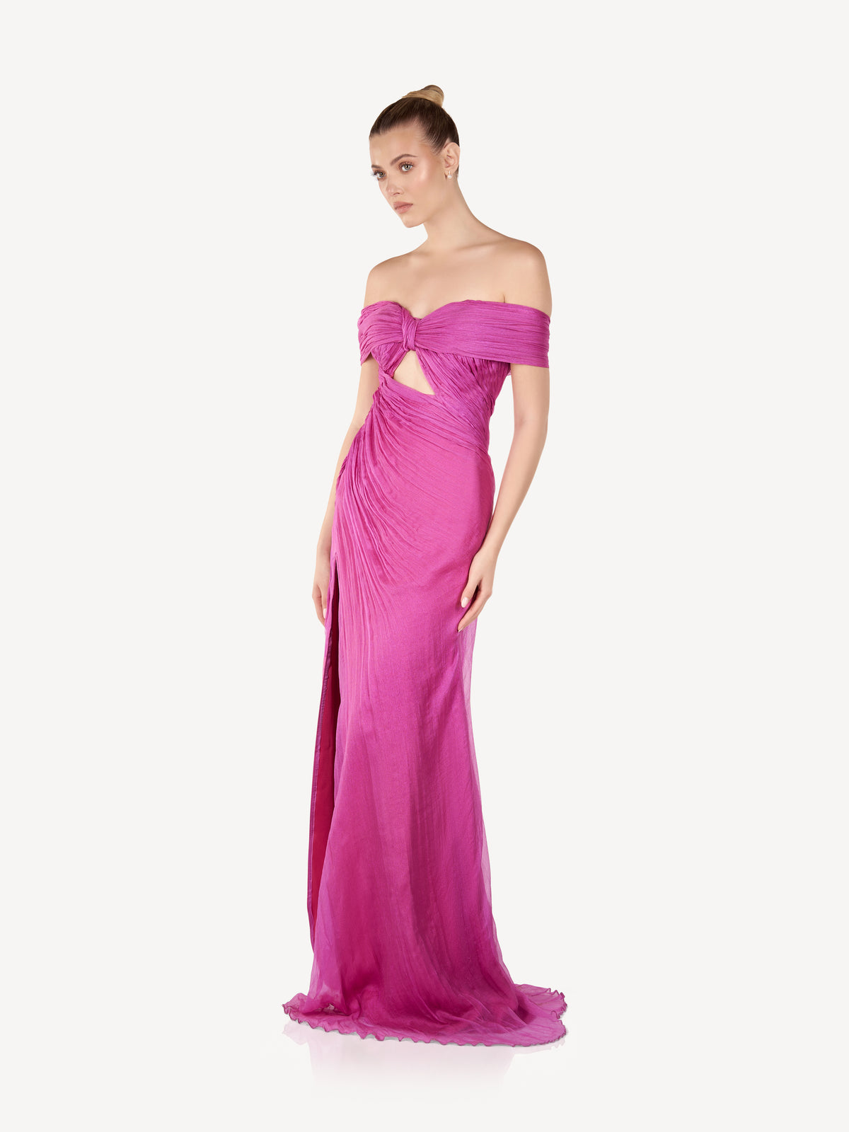 Draped Maxi Dress in Silk Muslin, Fuchsia Muse