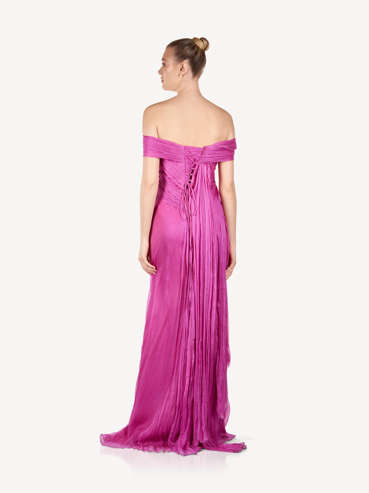 Draped Maxi Dress in Silk Muslin, Fuchsia Muse