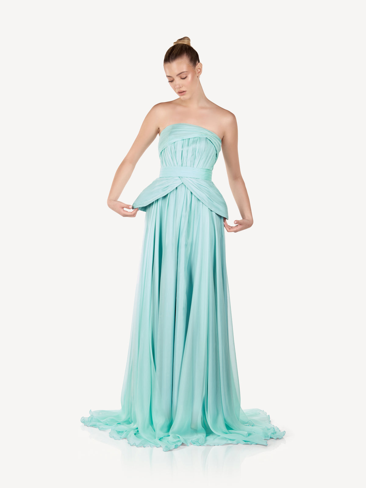 Maxi Silk Dress with Asymmetric Draping, Sea Mist