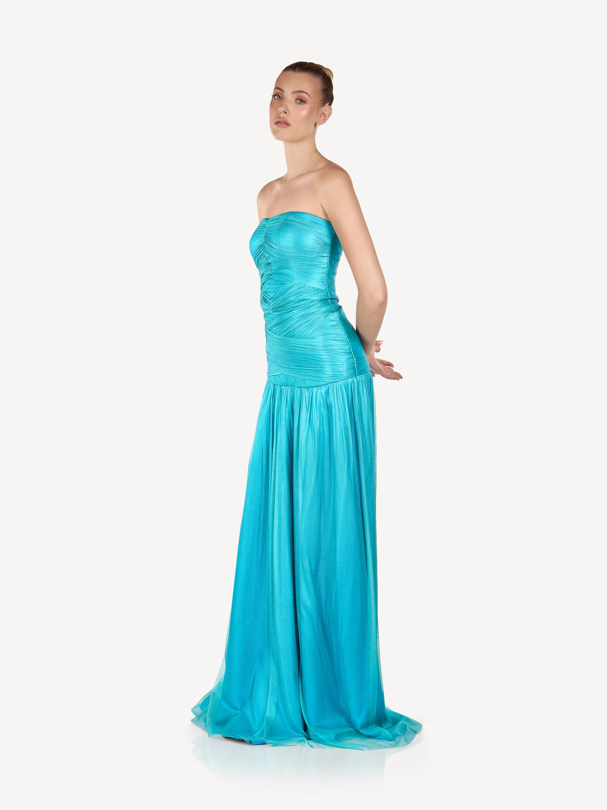 Rochie Maxi Drapata cu Corsaj Structurat, Aqua Veil