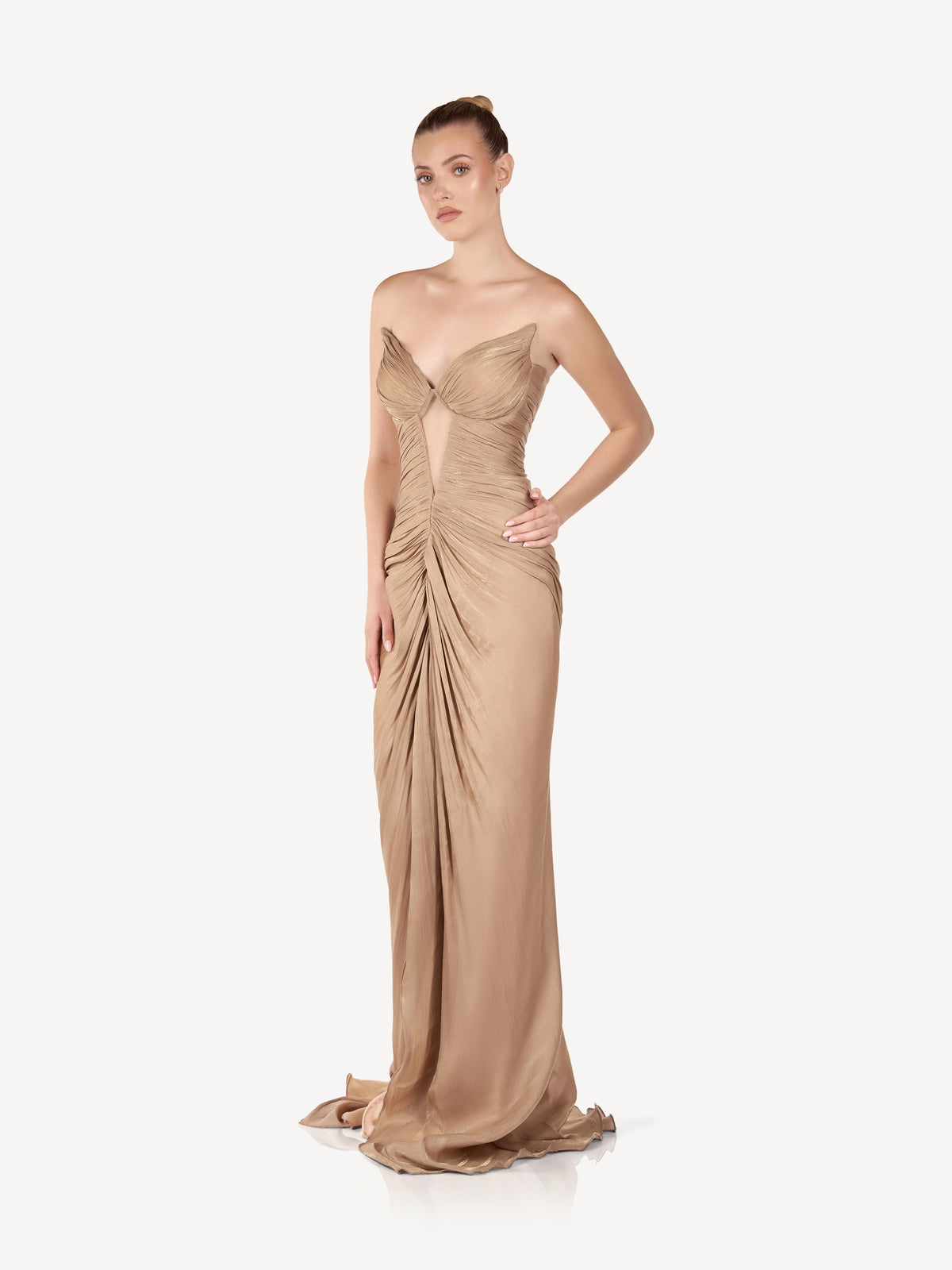 Draped Maxi Dress with Sculptural Bust, Champagne Glow