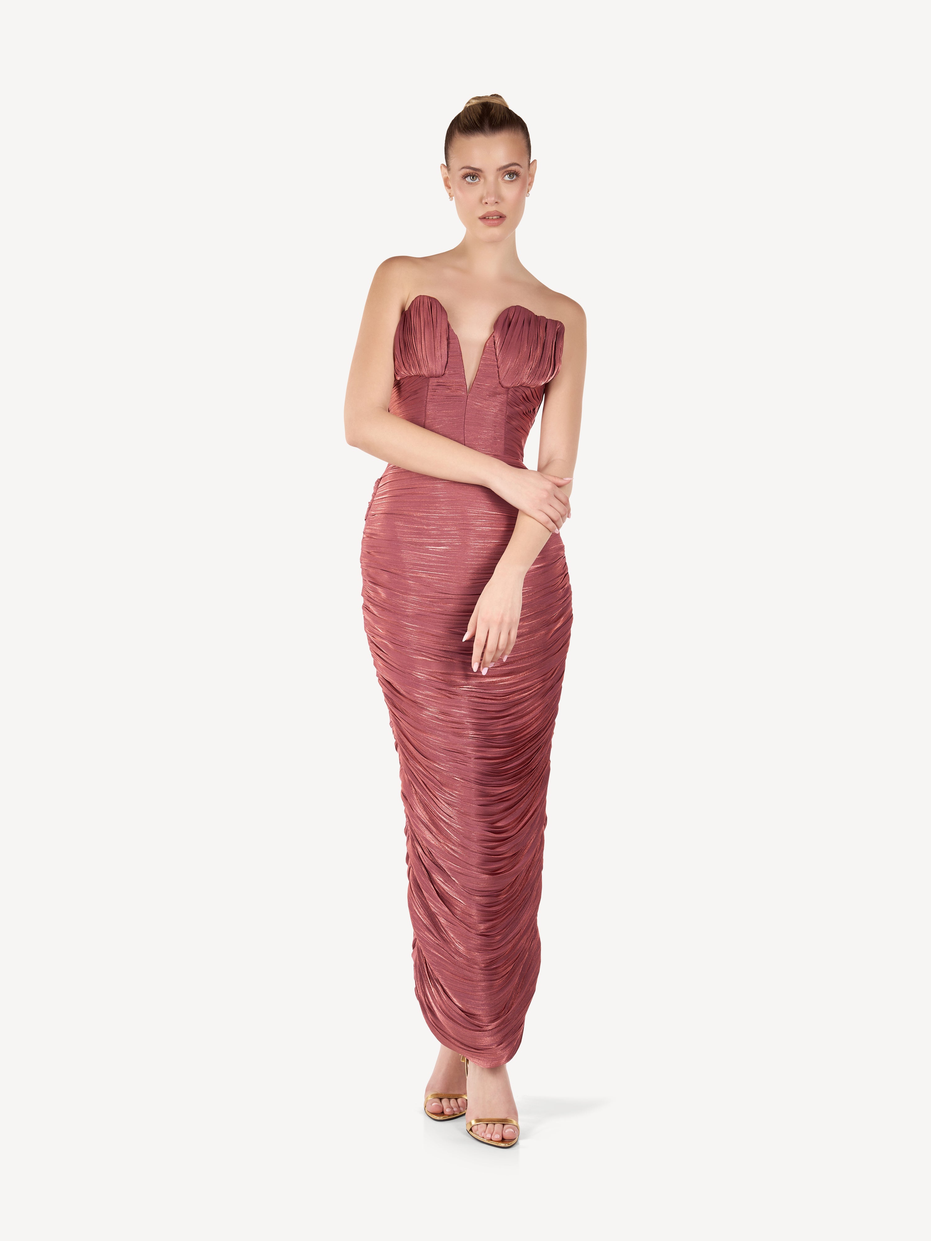 Rochie Midi Drapata cu Bust Sculptural, Rose Dust