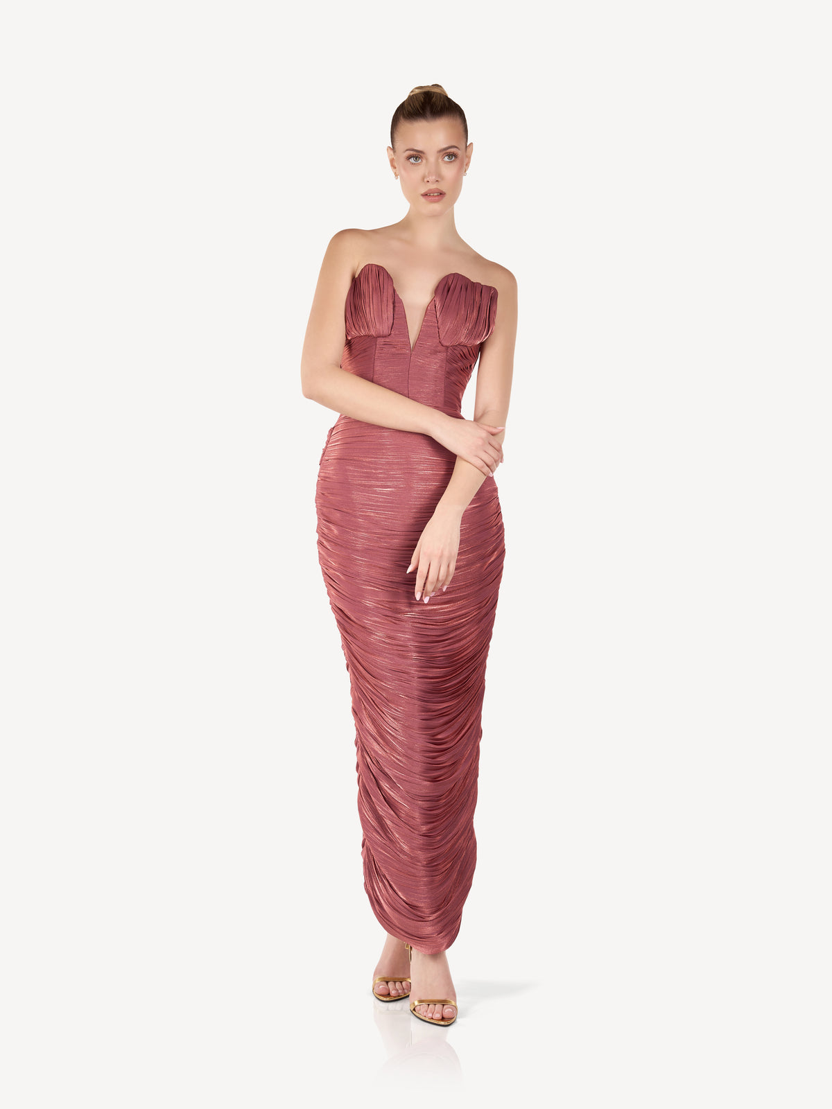Draped Midi Dress with Sculptural Bust, Rose Dust