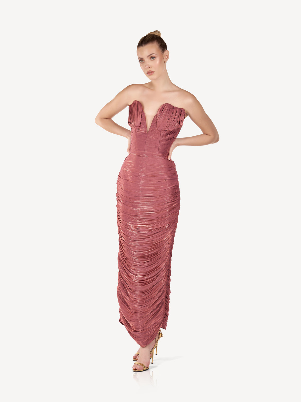 Draped Midi Dress with Sculptural Bust, Rose Dust
