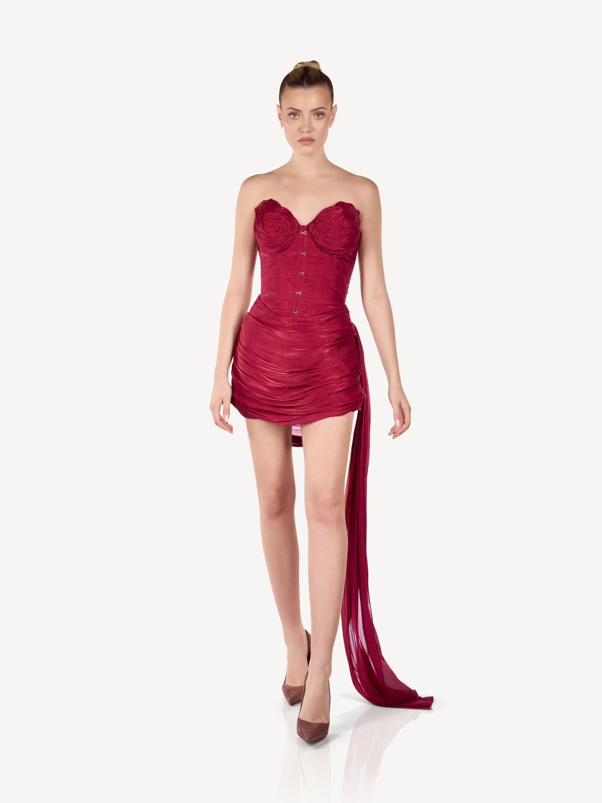 Draped Mini Dress with Structured Corset and Floral Detail, Ruby Veil