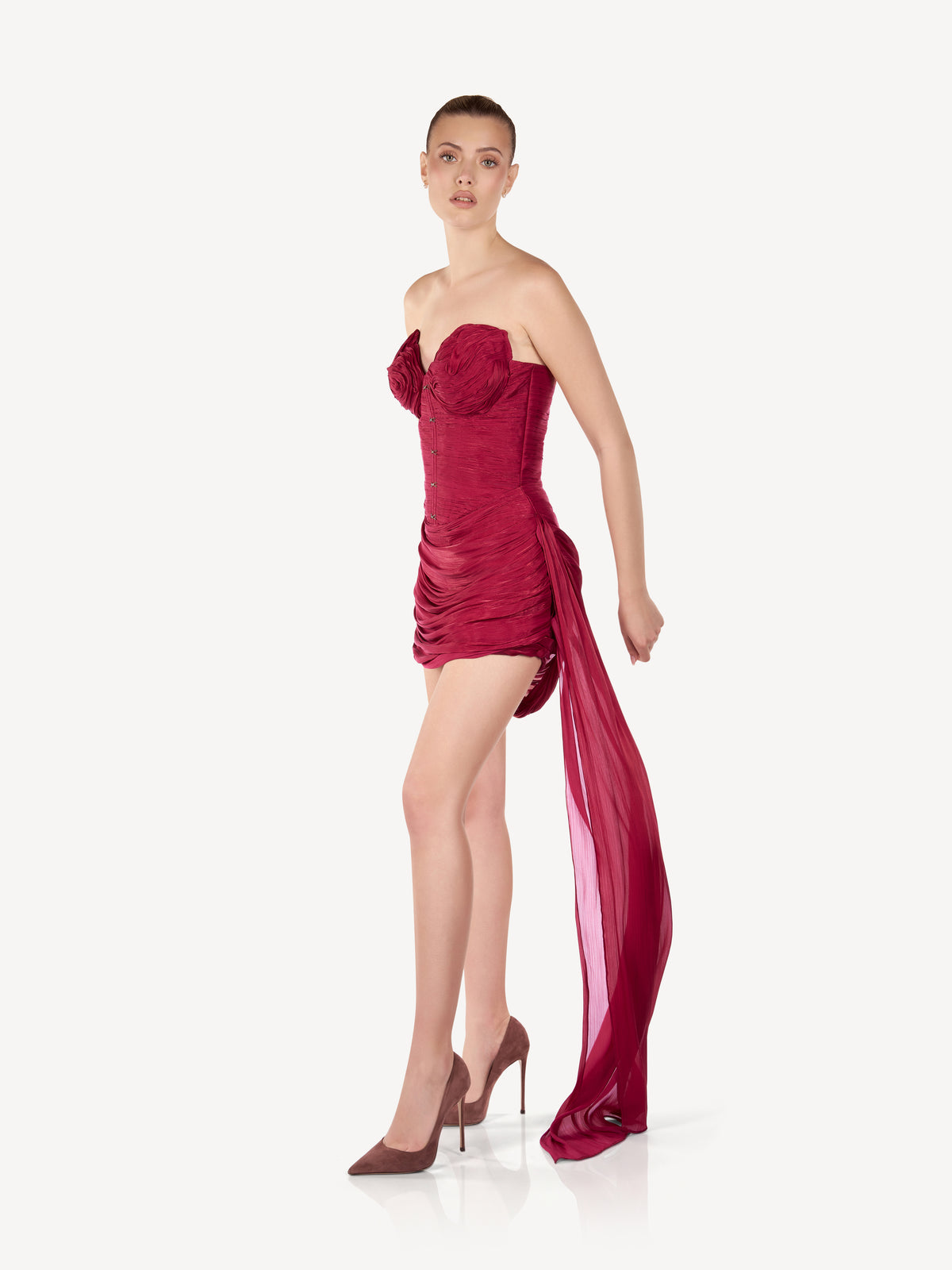 Rochie Mini Drapata cu Corset Structurat si Detaliu Floral, Ruby Veil