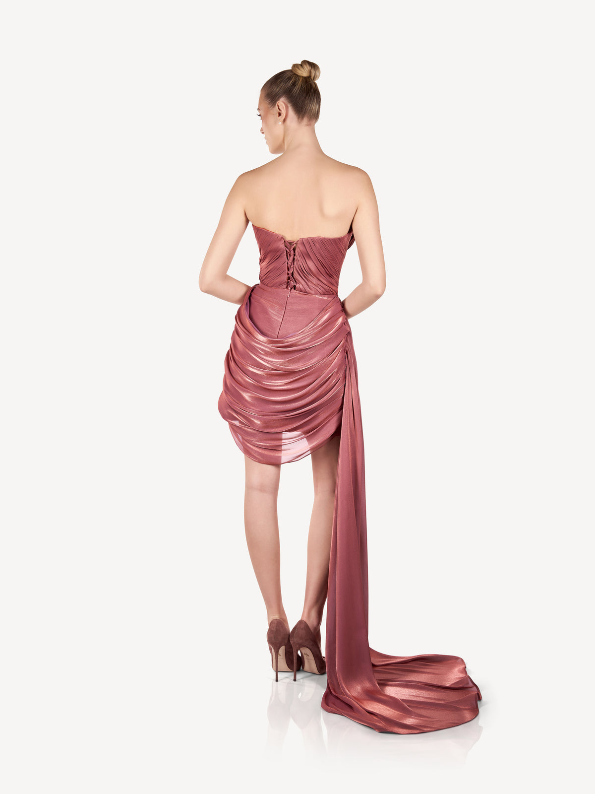 Mini Dress with Draping and Side Train, Rose Étoile
