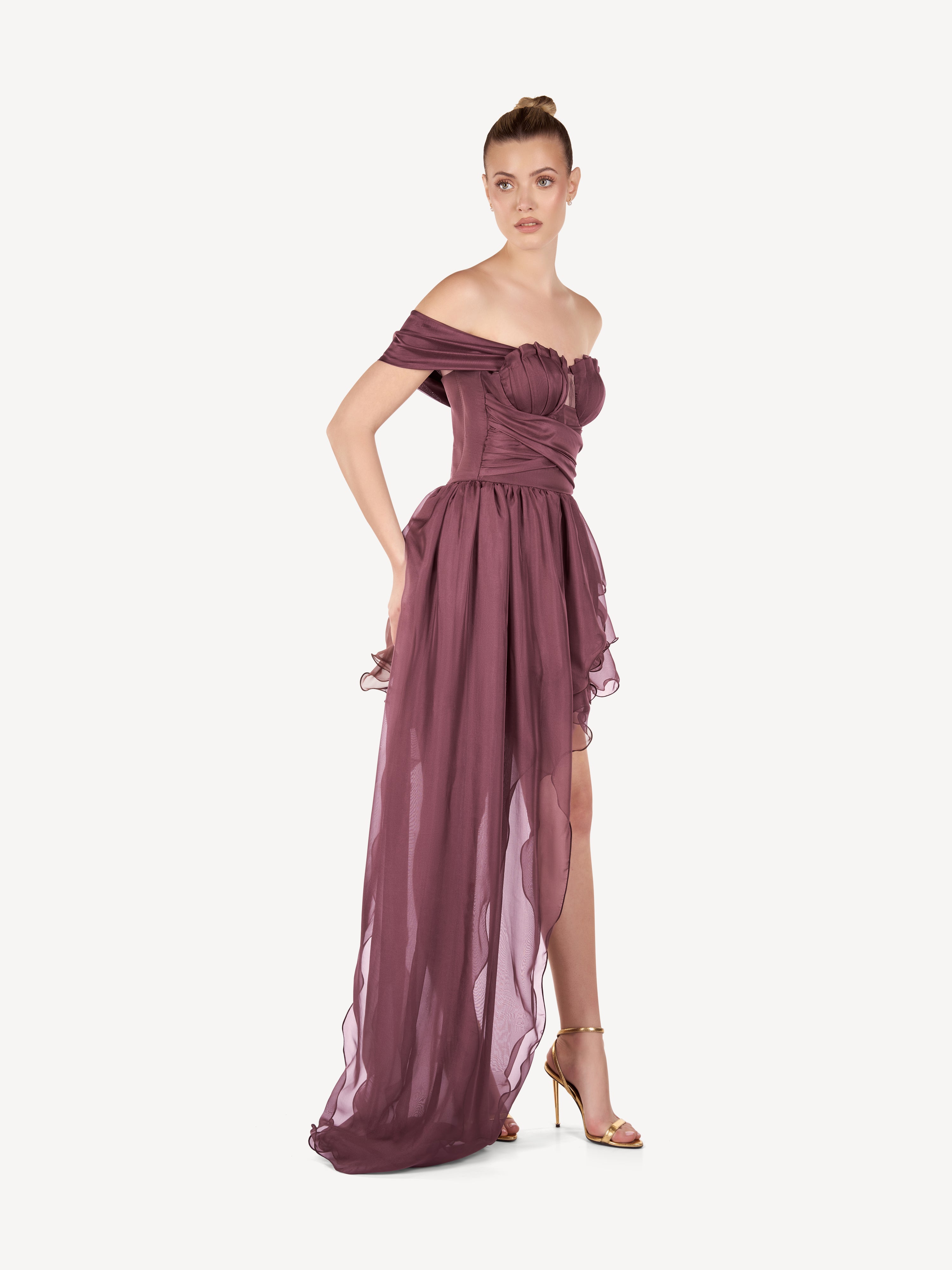 Rochie Mini Asimetrica din Voal de Matase, Mauve Élise