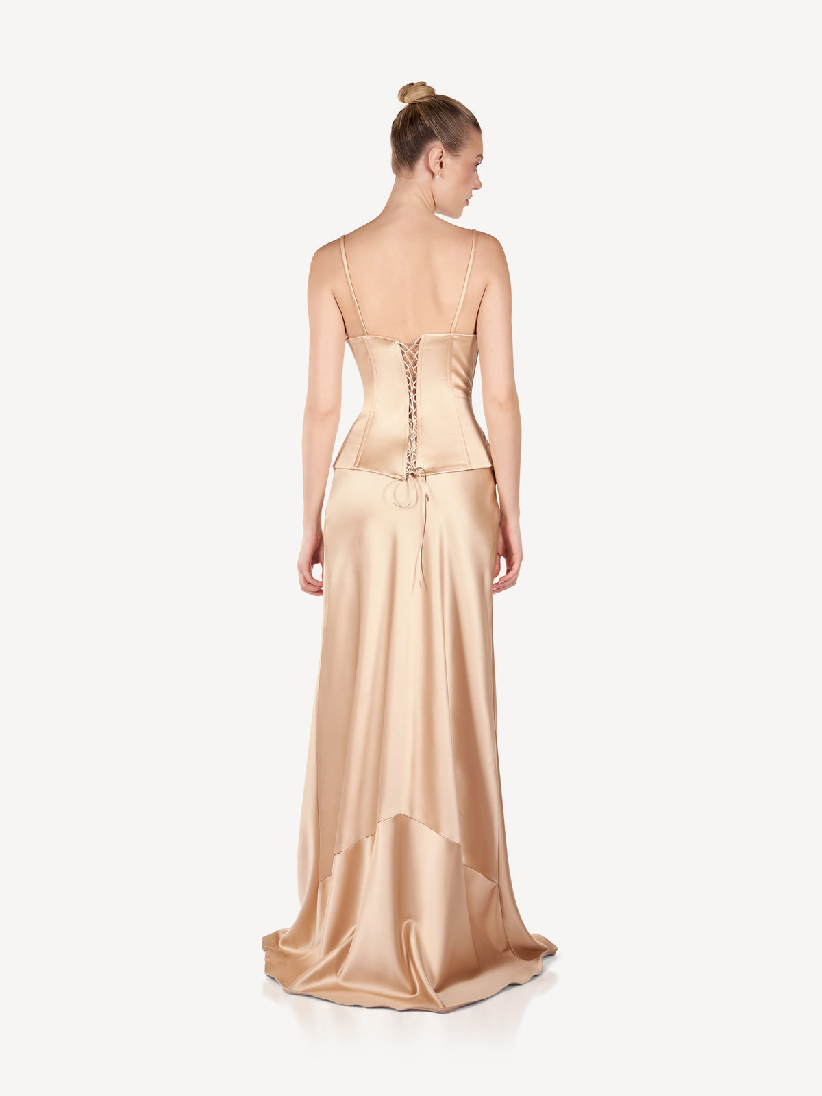 Rochie Maxi Corset din Satin cu Bretele Fine, Champagne Élise