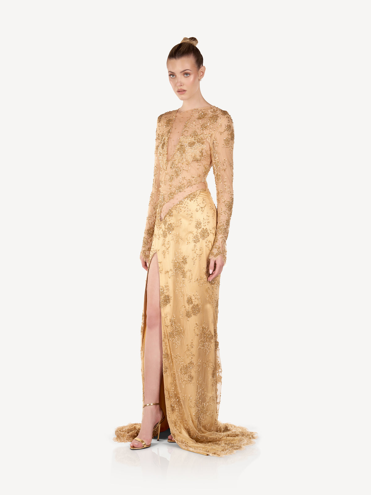 Maxi Dress in Lace and Embroidered Satin, Aurélia