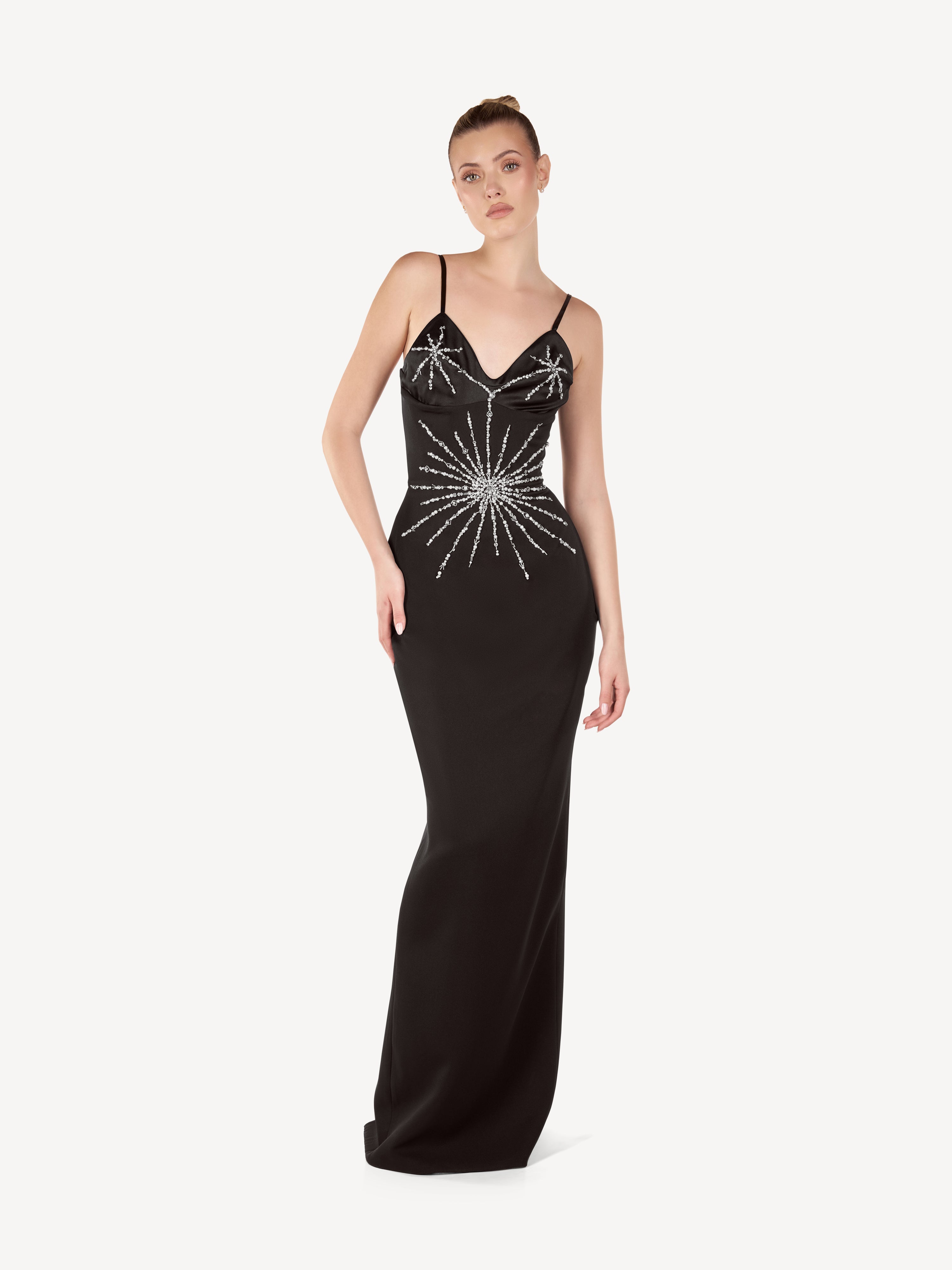 Rochie Maxi cu Aplicatii din Cristale si Maneci din Organza, Stella Noire