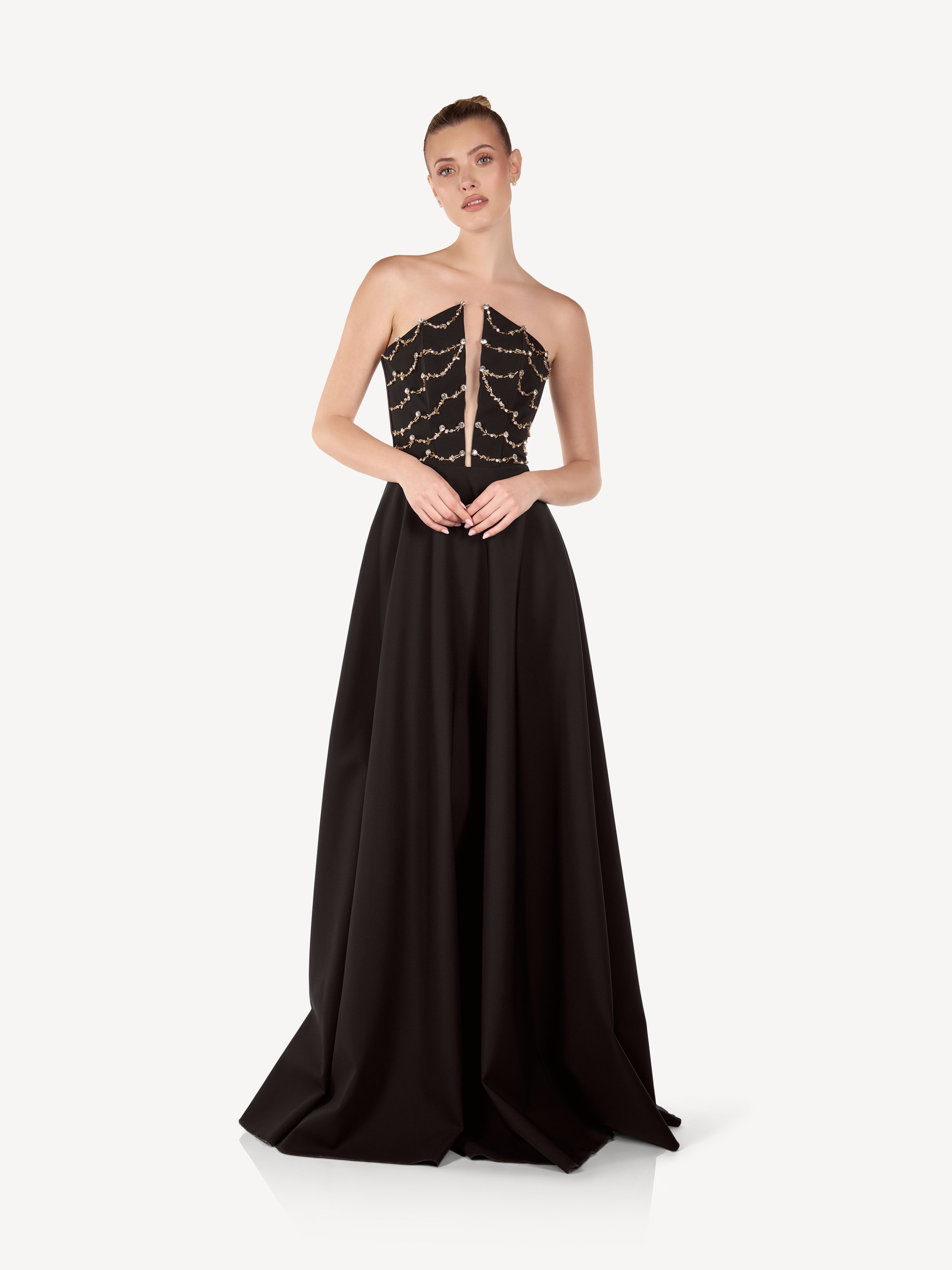 Maxi Dress with Applied Corset and Full Skirt, Étoile Noire