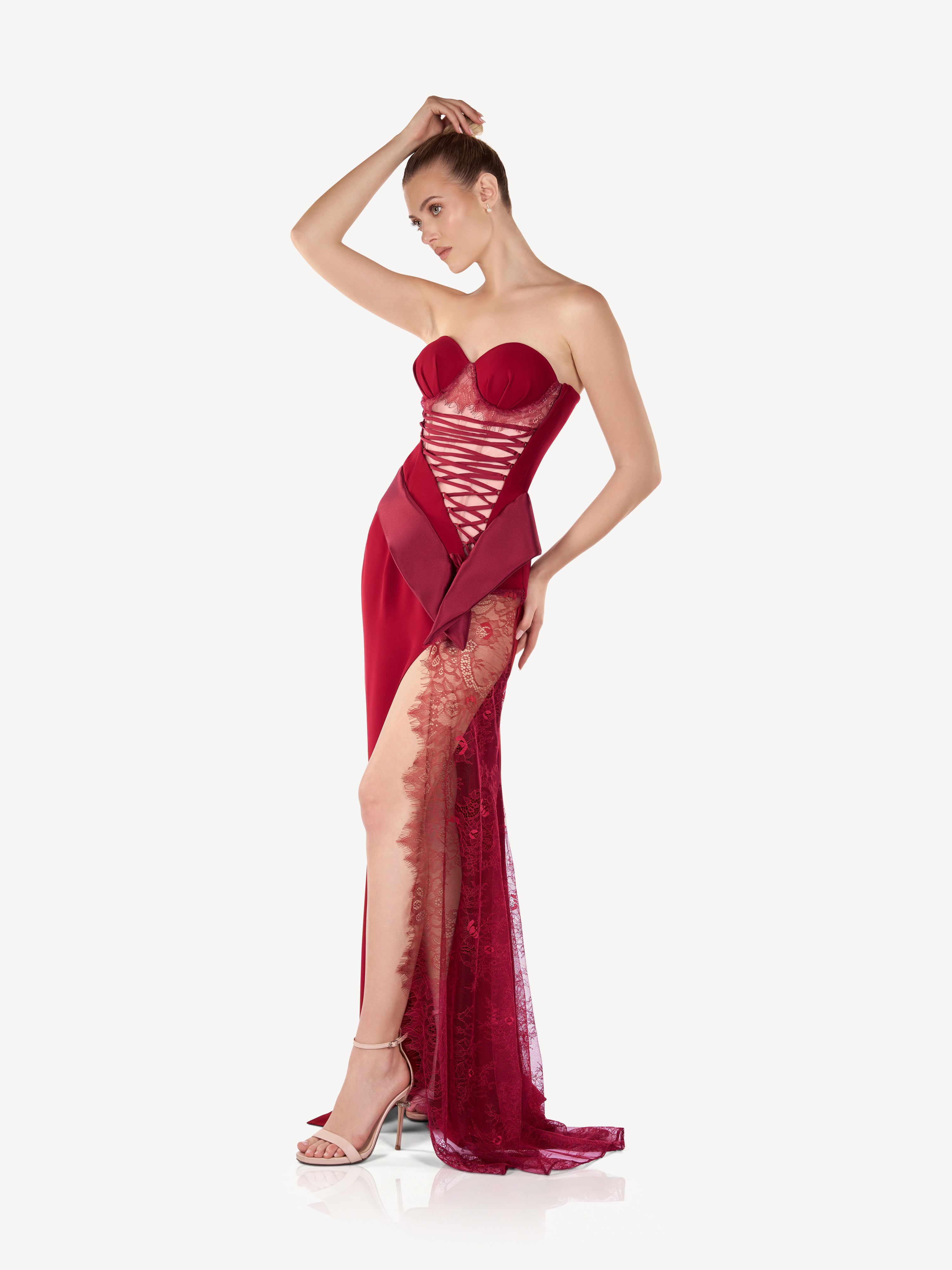 Maxi Corset Dress in Crepe and Lace with Wide Slit, Rosalie