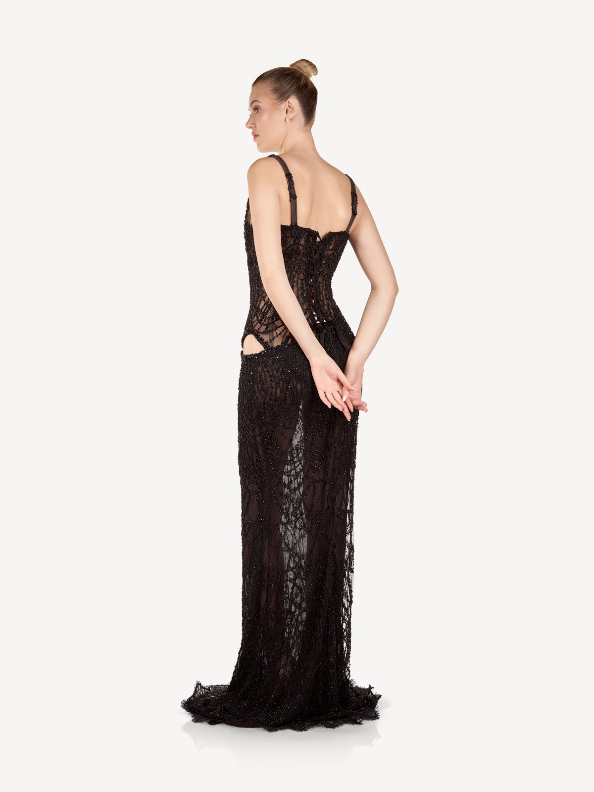 Maxi Mermaid Dress with Embroideries and Side Cutouts, Noir Élise