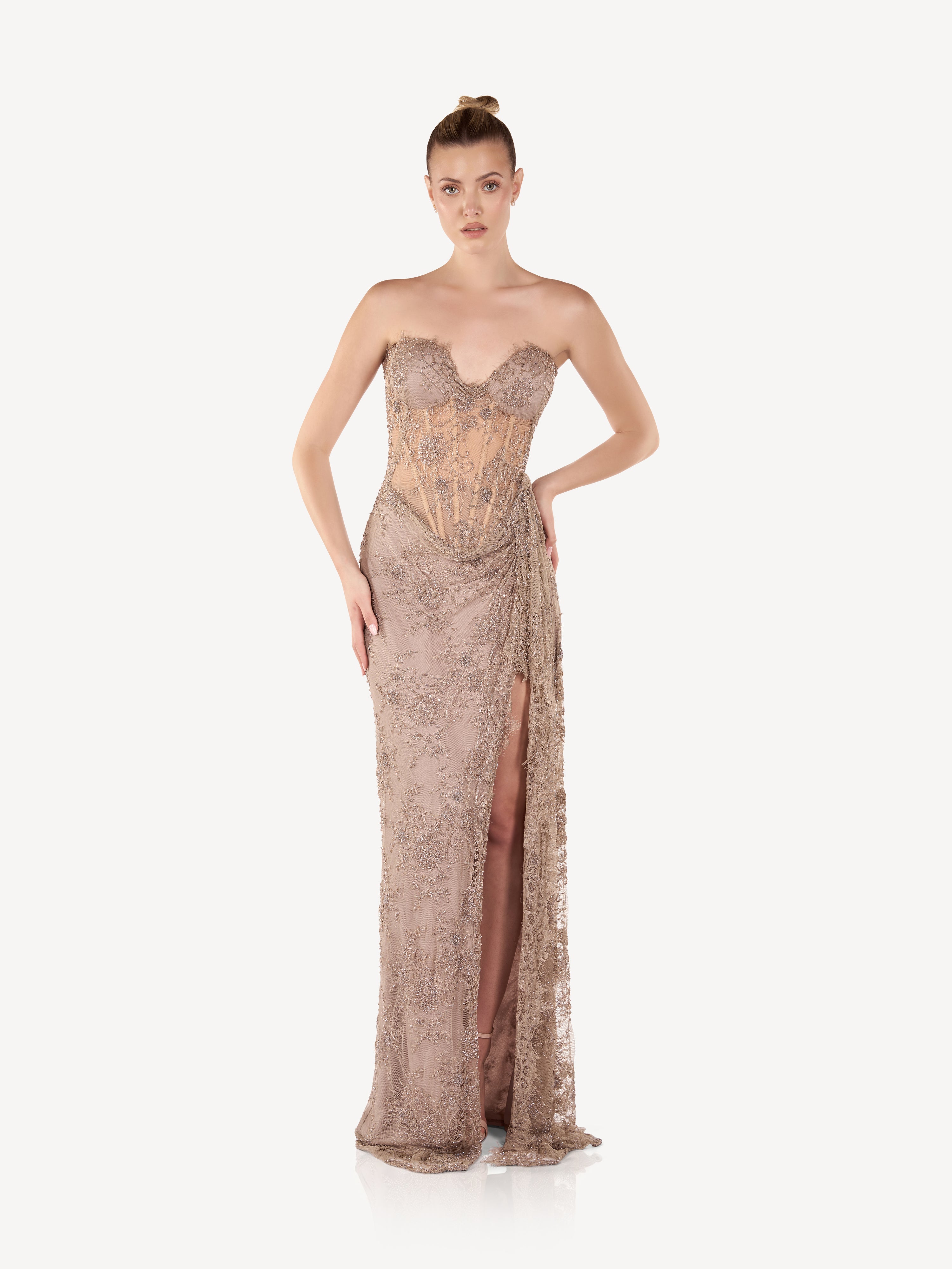 Embroidered and Draped Couture Corset Maxi Dress, Elara
