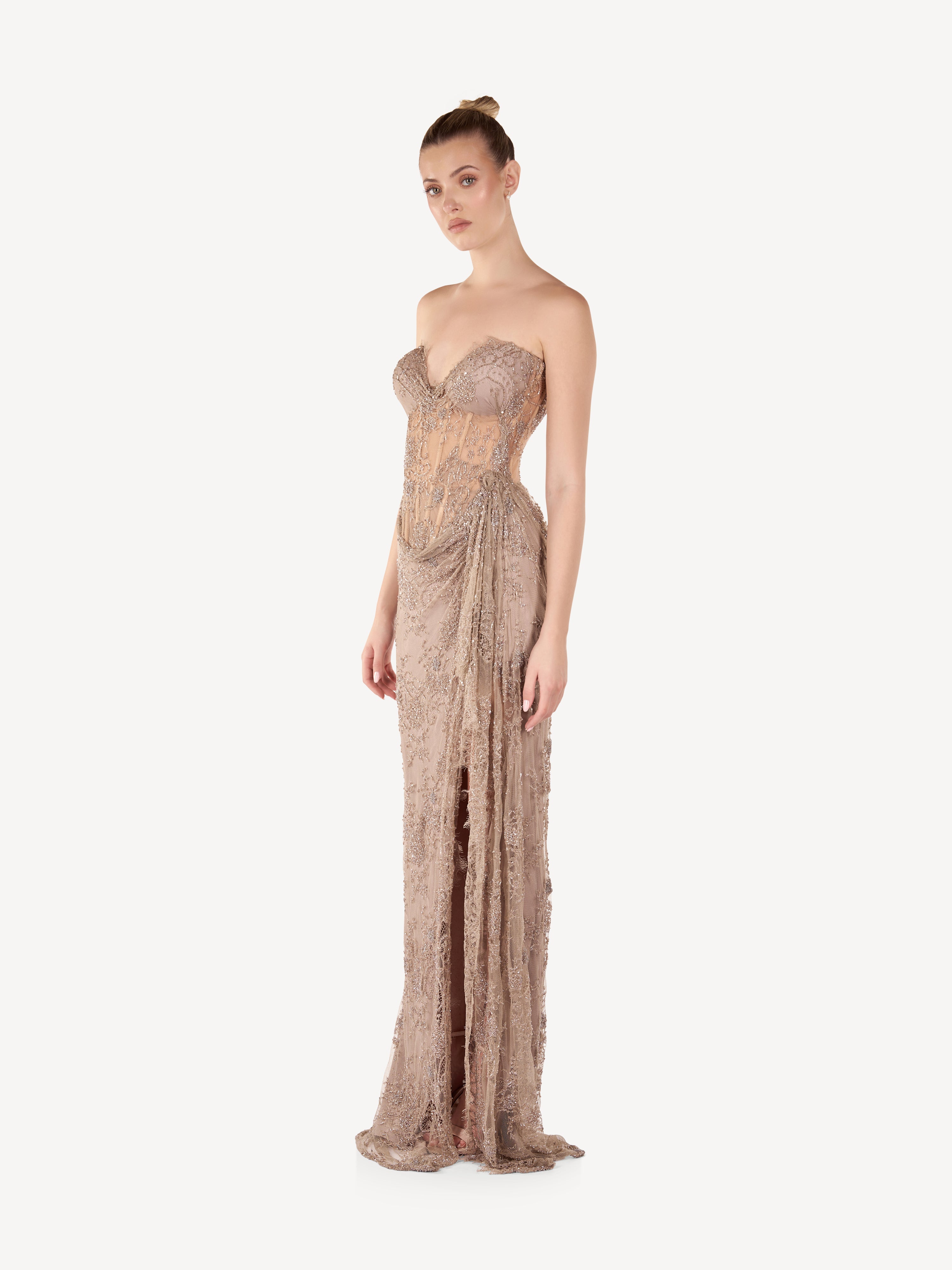 Rochie Maxi Corset cu Broderii si Drapaj Couture, Elara