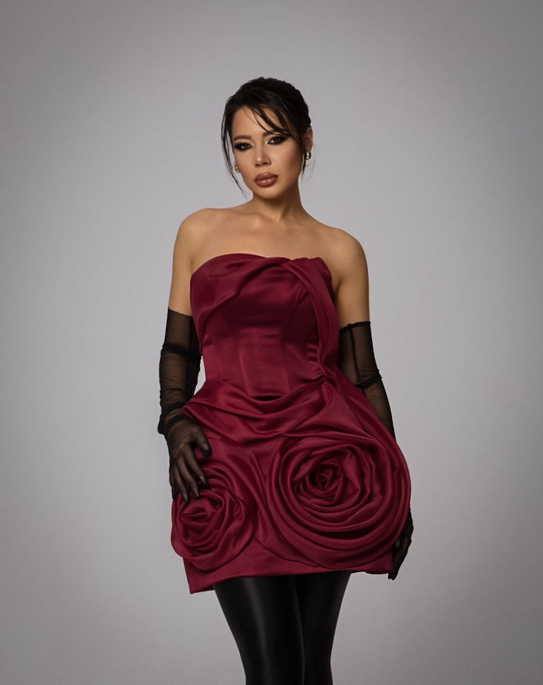 Rochie Mini Drapata cu Aplicatie Trandafiri, Rose Allure