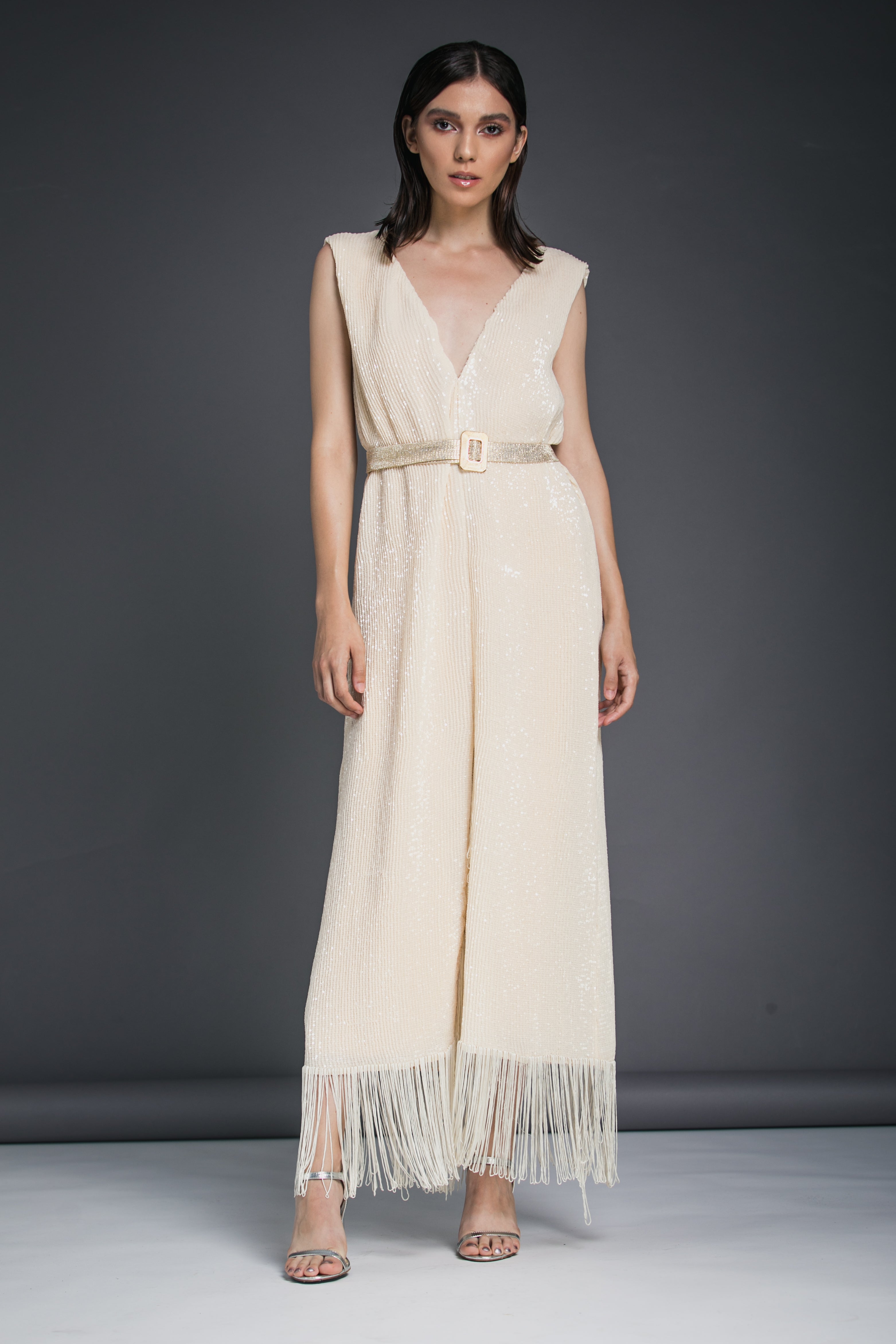 Rochie Midi cu Paiete si Franjuri la Baza, Butter