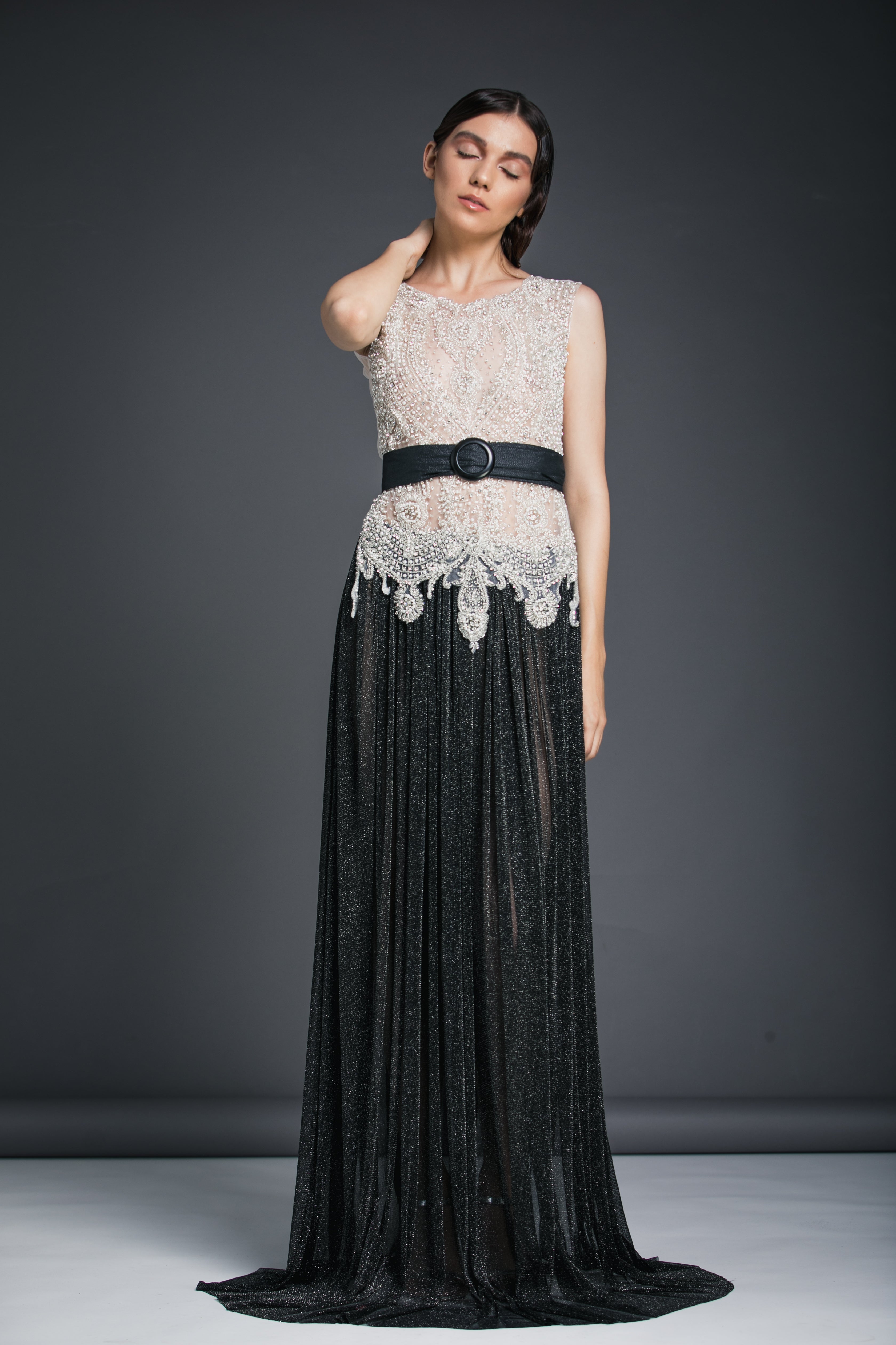 Rochie Maxi cu Top Brodat si Fusta Plisata cu Fir Metalic, Precious