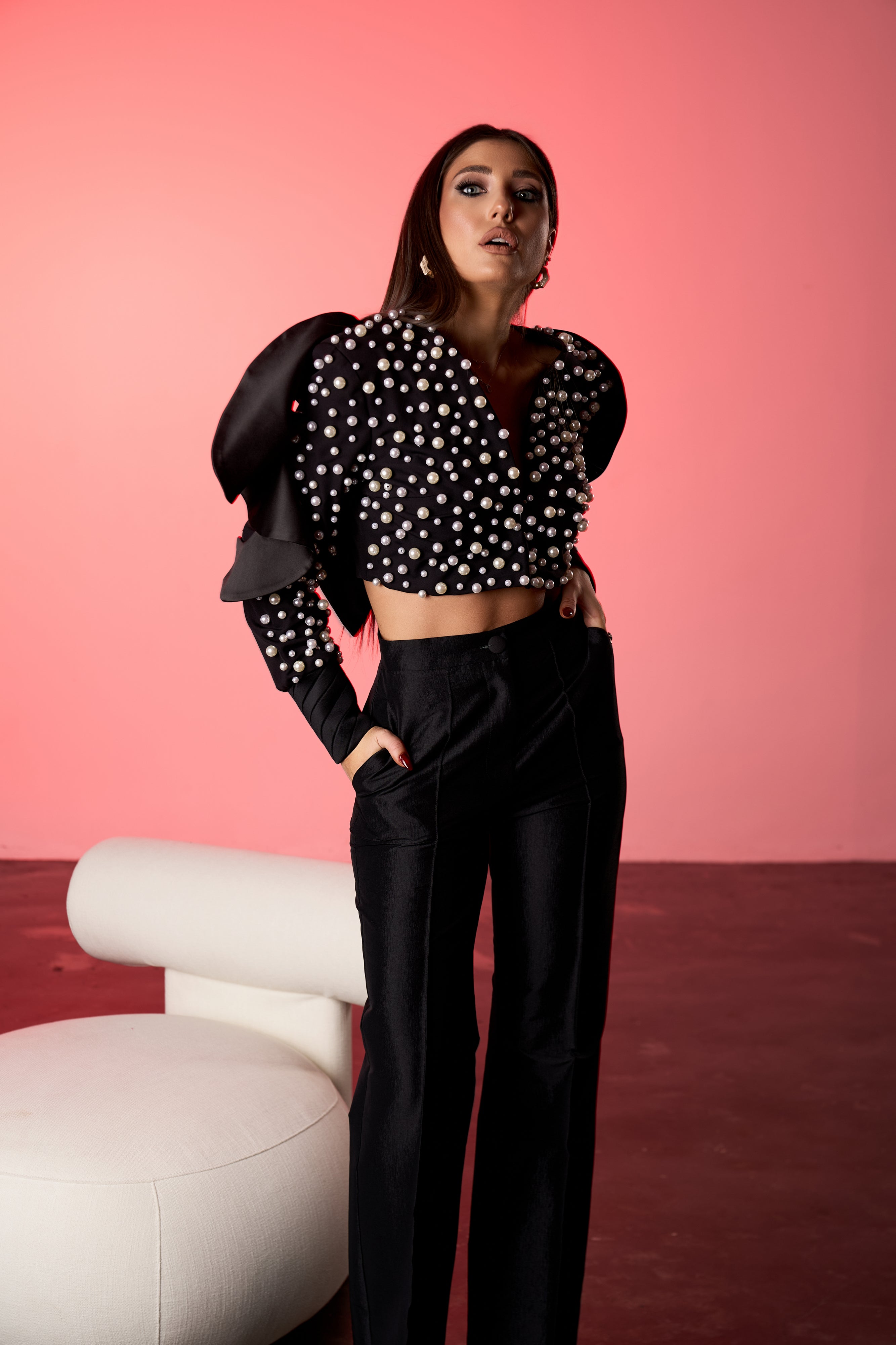 Sacou Cropped cu Perle si Volane, Pearl Éclat