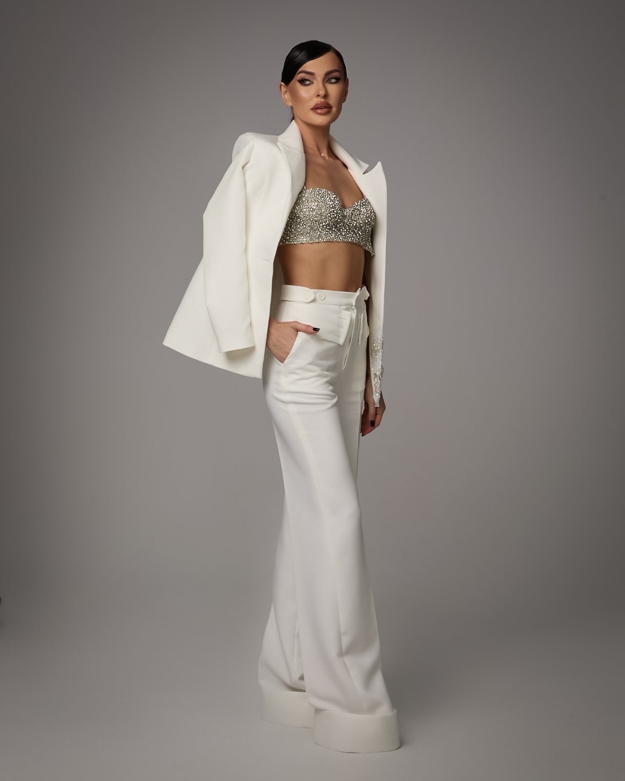 Pantaloni Albi cu Talie Inalta si Croiala Larga, Refined Radiance