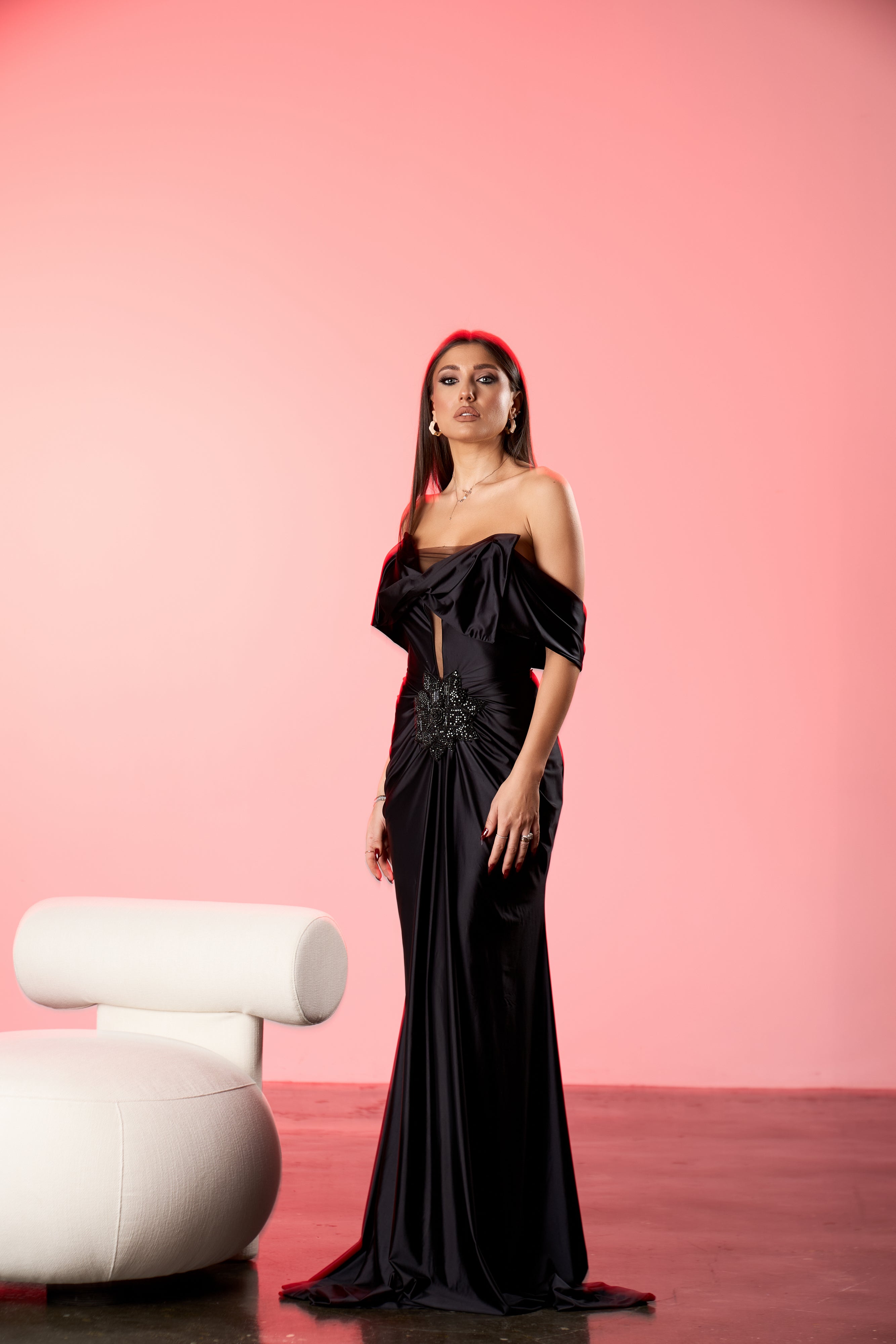 Rochie Maxi Drapata cu Detaliu din Cristale, Black Maryllis