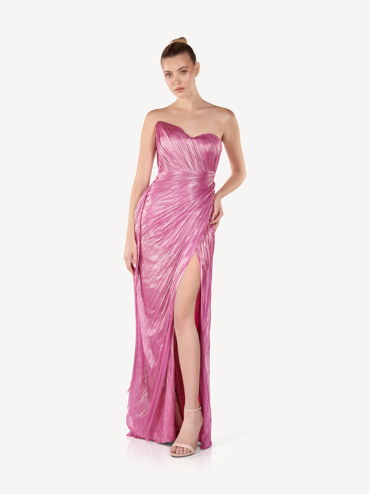 Draped Silk Maxi Dress with Slit, Pink Lumière