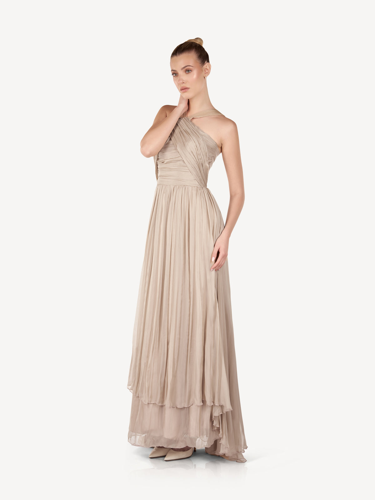 Draped Maxi Dress with Criss-Cross Straps, Sand Whisper