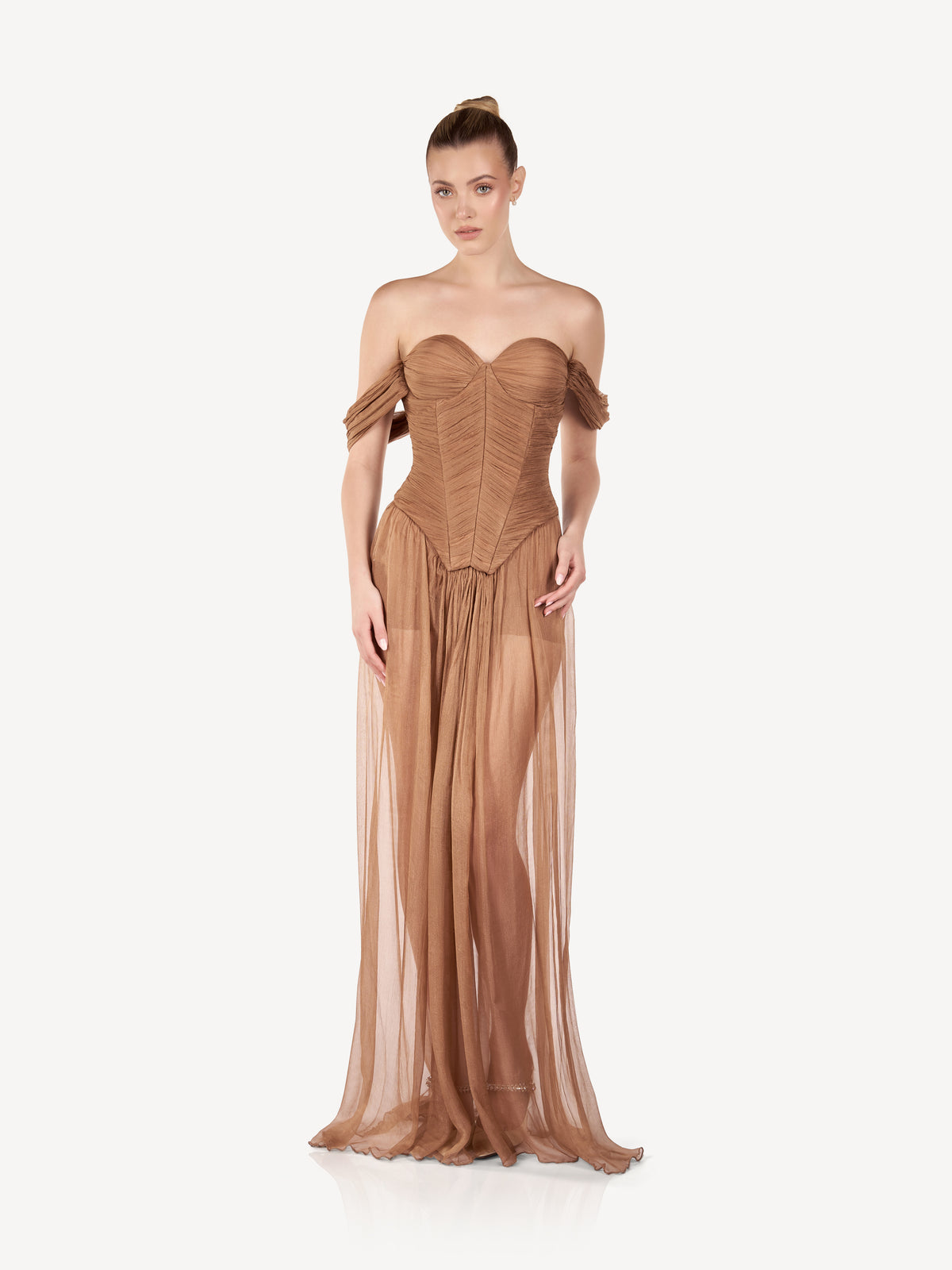 Maxi Dress with Draped Corset and Fluid Skirt, Bronze Veil