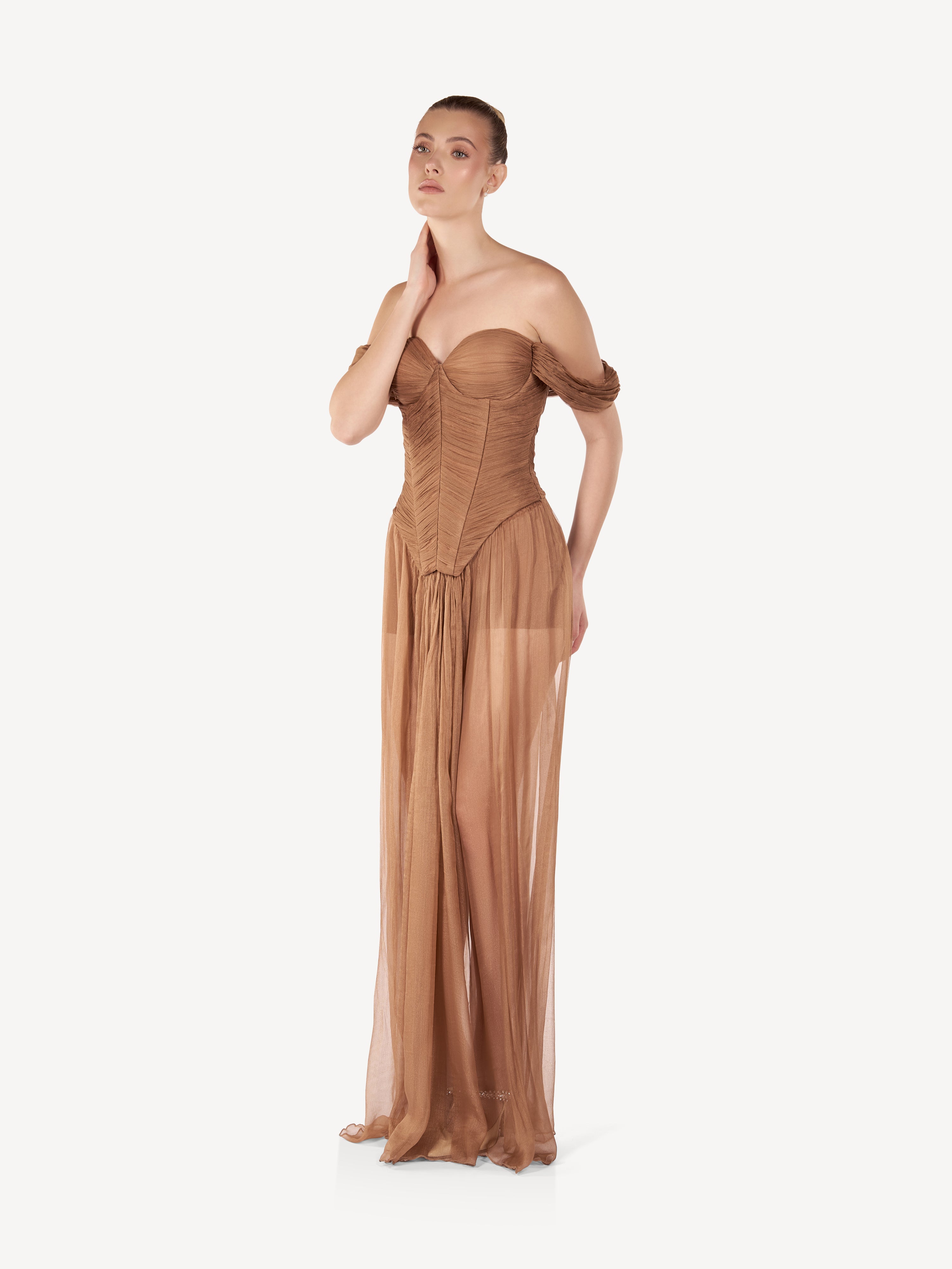 Rochie Maxi cu Corset Drapat si Fusta Fluida, Bronze Veil