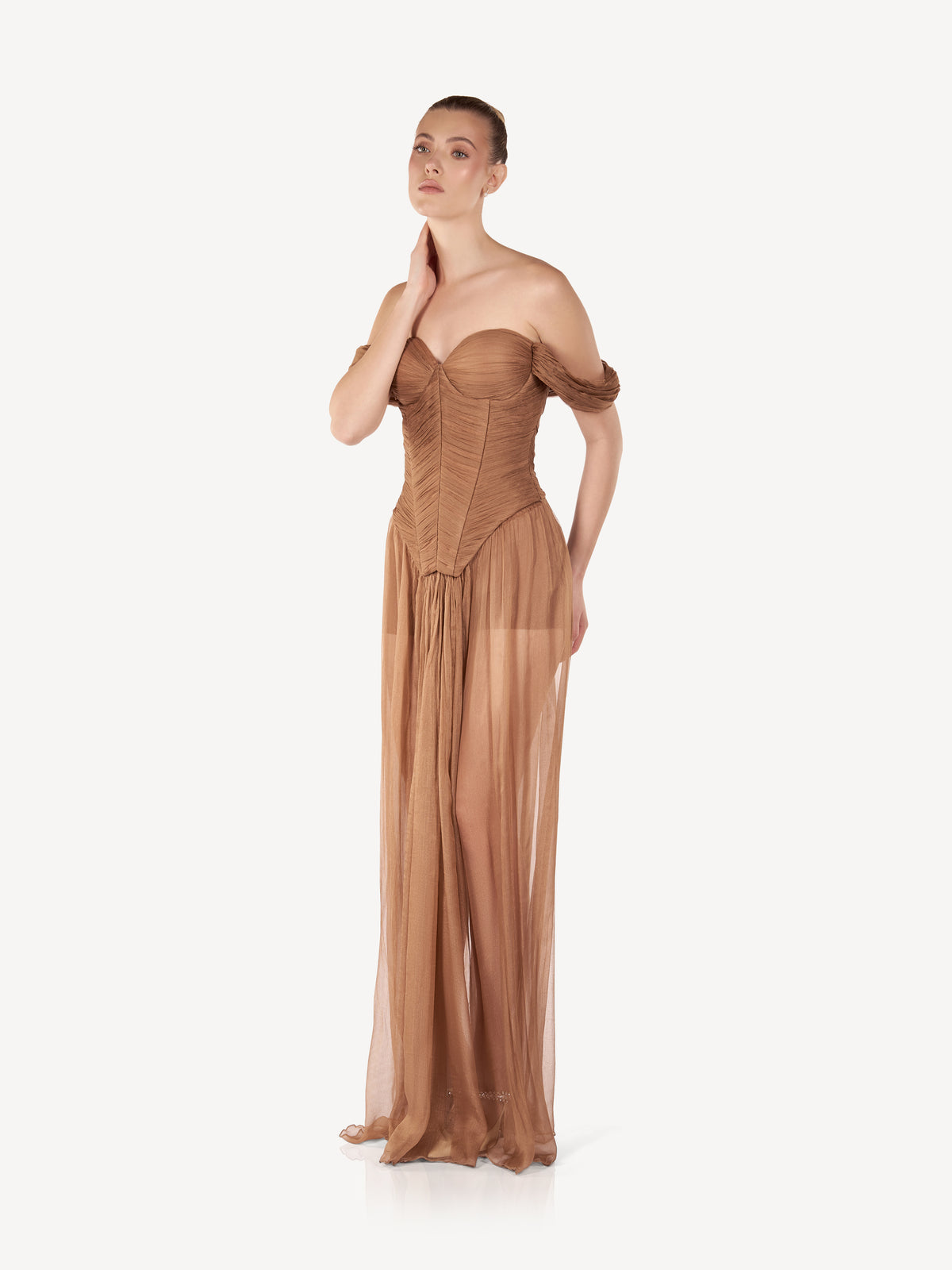 Maxi Dress with Draped Corset and Fluid Skirt, Bronze Veil