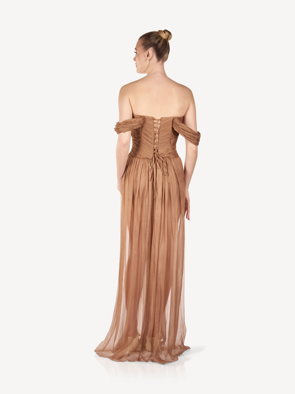 Rochie Maxi cu Corset Drapat si Fusta Fluida, Bronze Veil