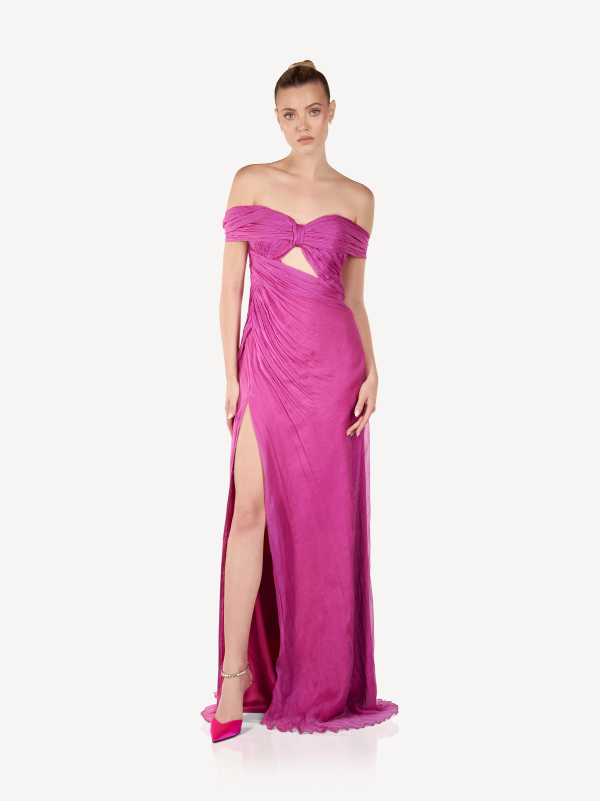 Draped Maxi Dress in Silk Muslin, Fuchsia Muse