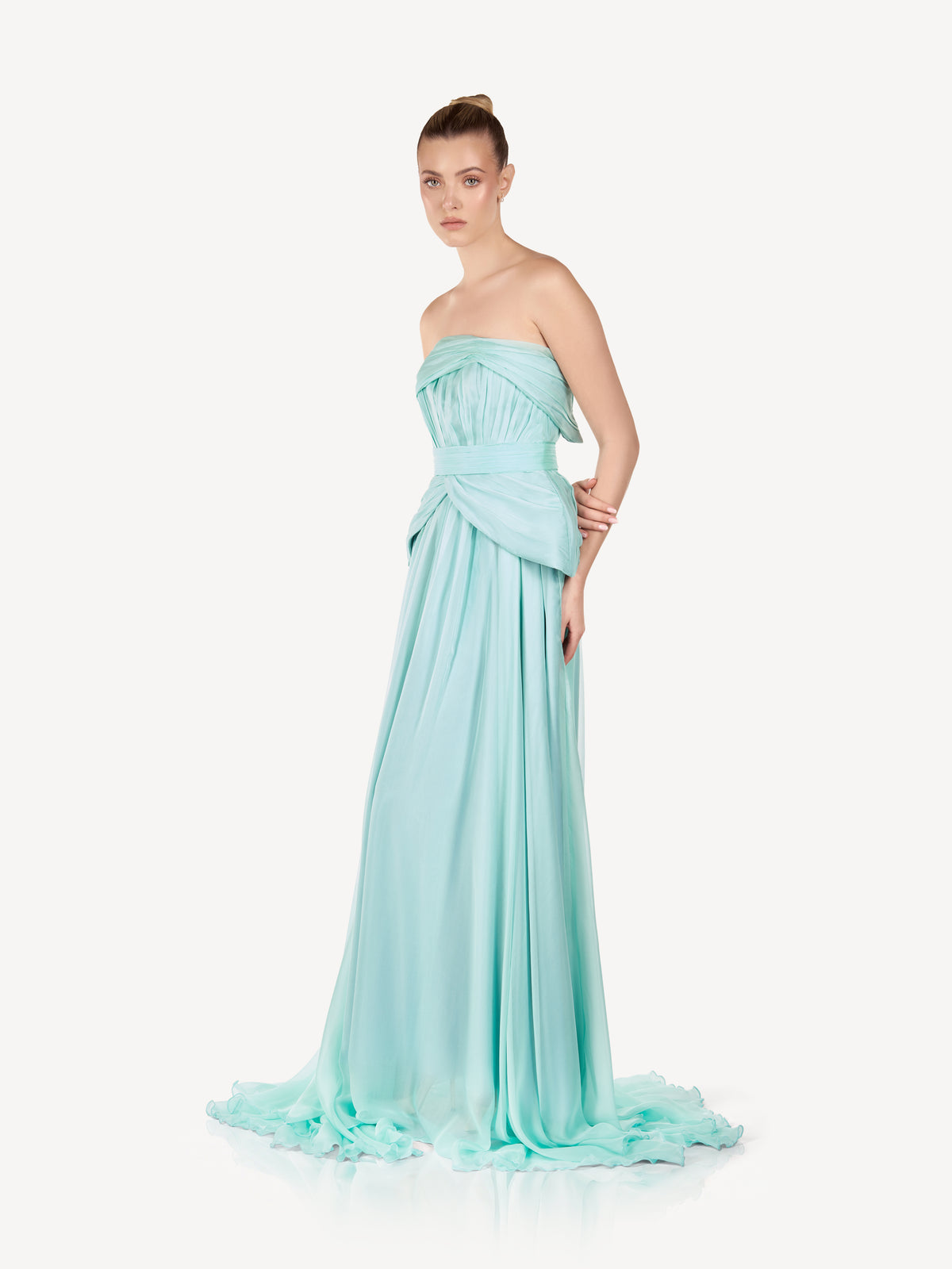 Maxi Silk Dress with Asymmetric Draping, Sea Mist