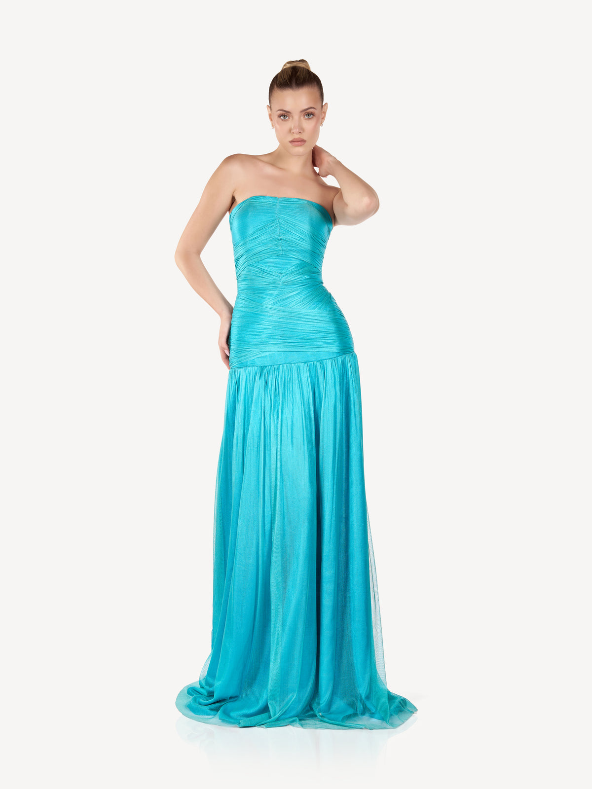 Draped Maxi Dress with Structured Bodice, Aqua Veil