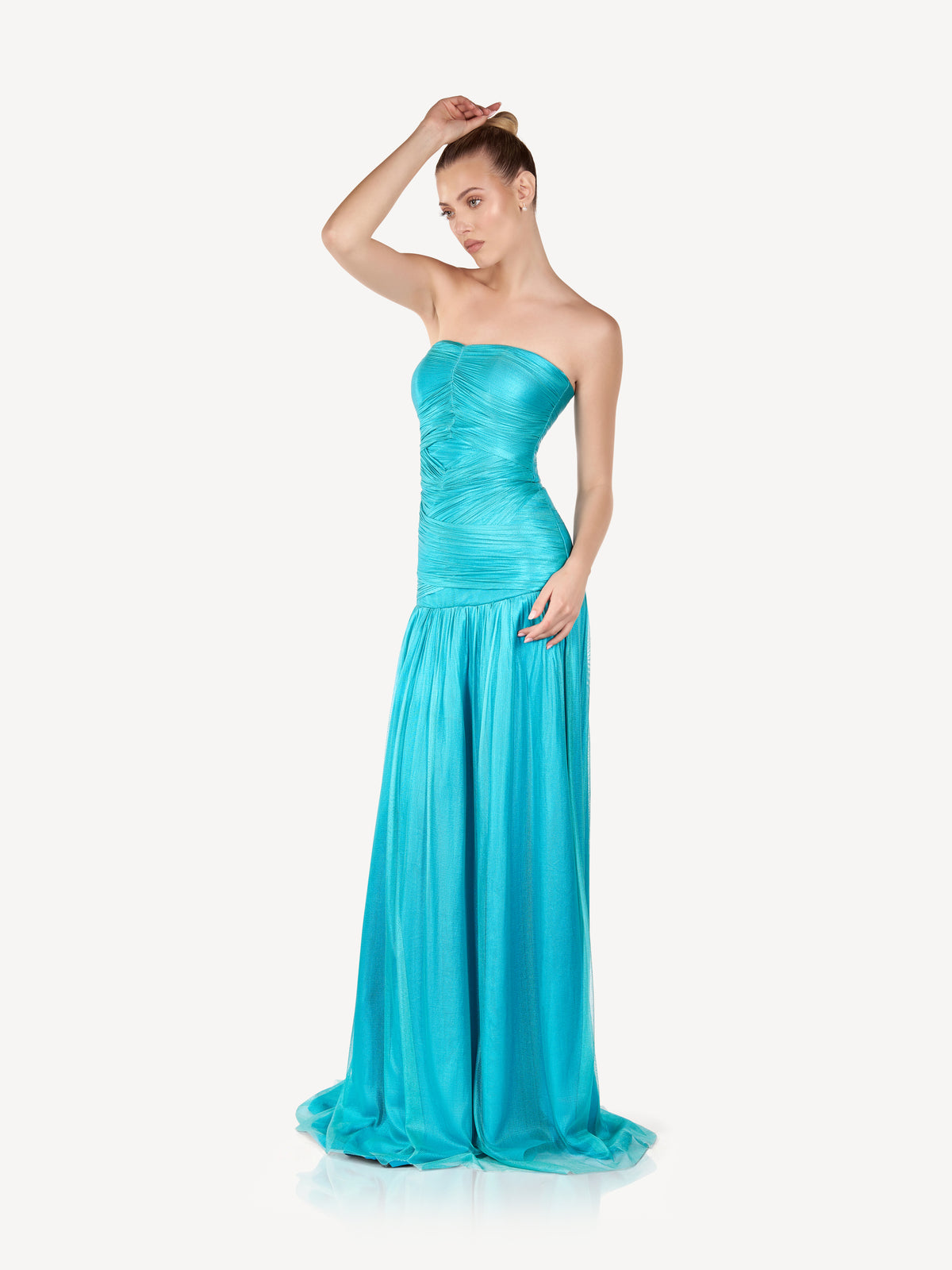 Draped Maxi Dress with Structured Bodice, Aqua Veil