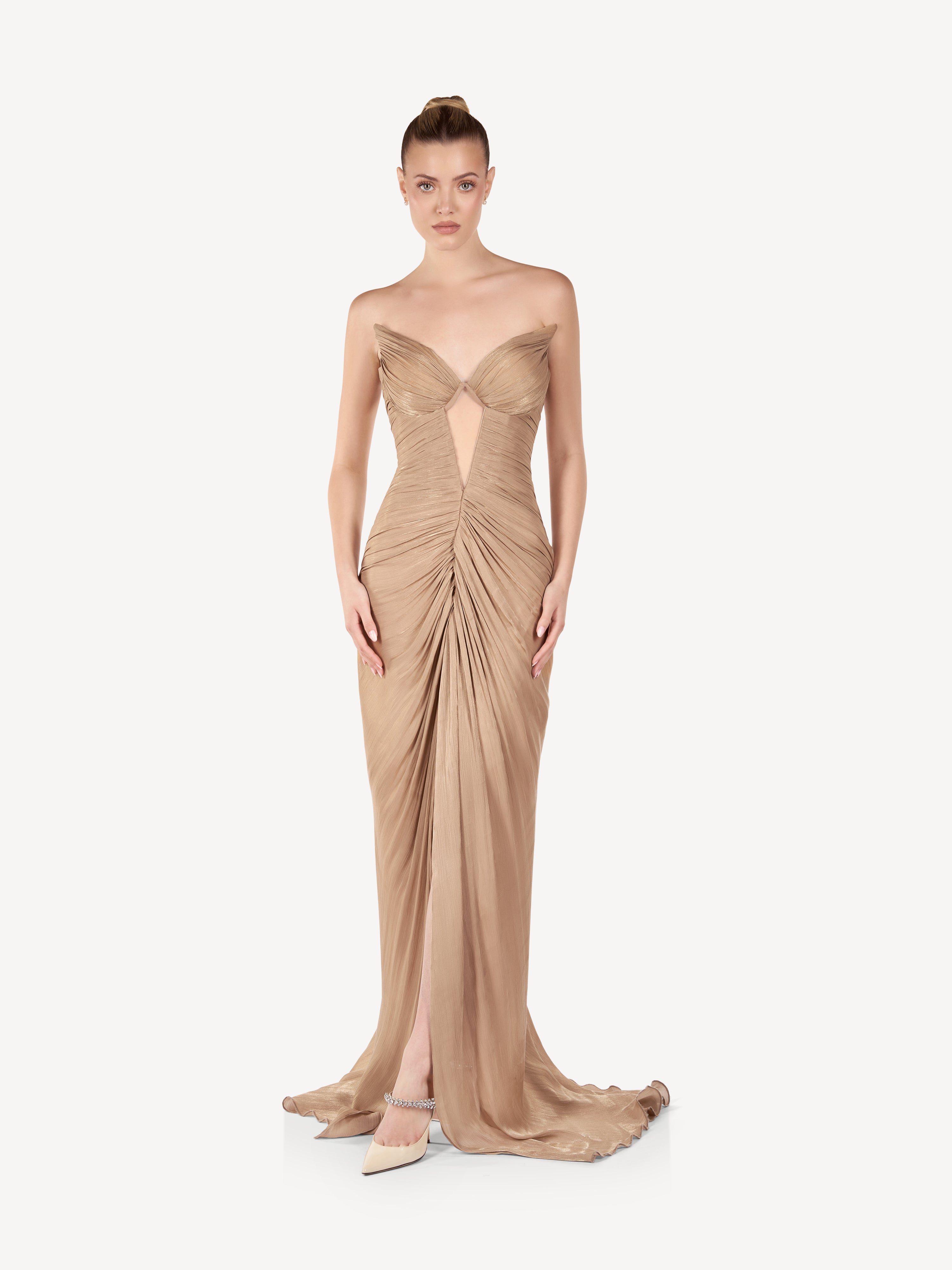 Rochie Maxi Drapata cu Bust Sculptural, Champagne Glow