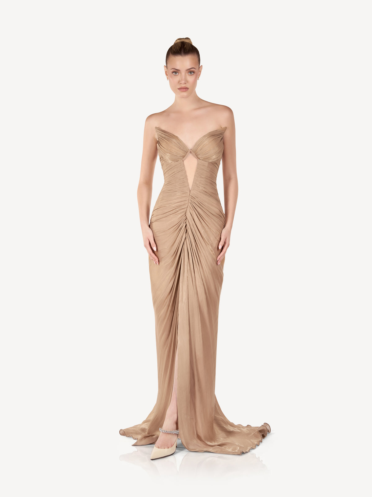 Draped Maxi Dress with Sculptural Bust, Champagne Glow
