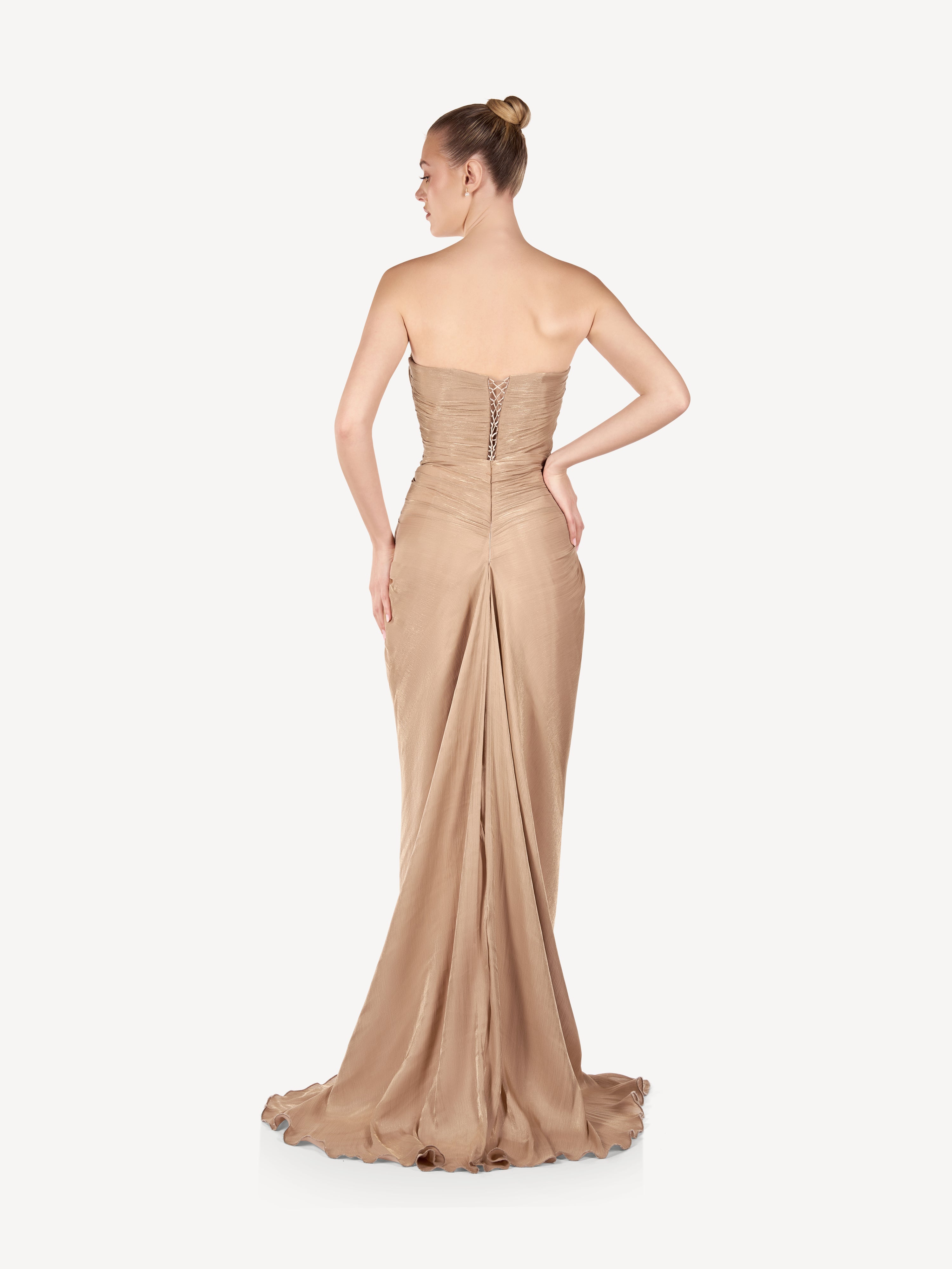 Rochie Maxi Drapata cu Bust Sculptural, Champagne Glow