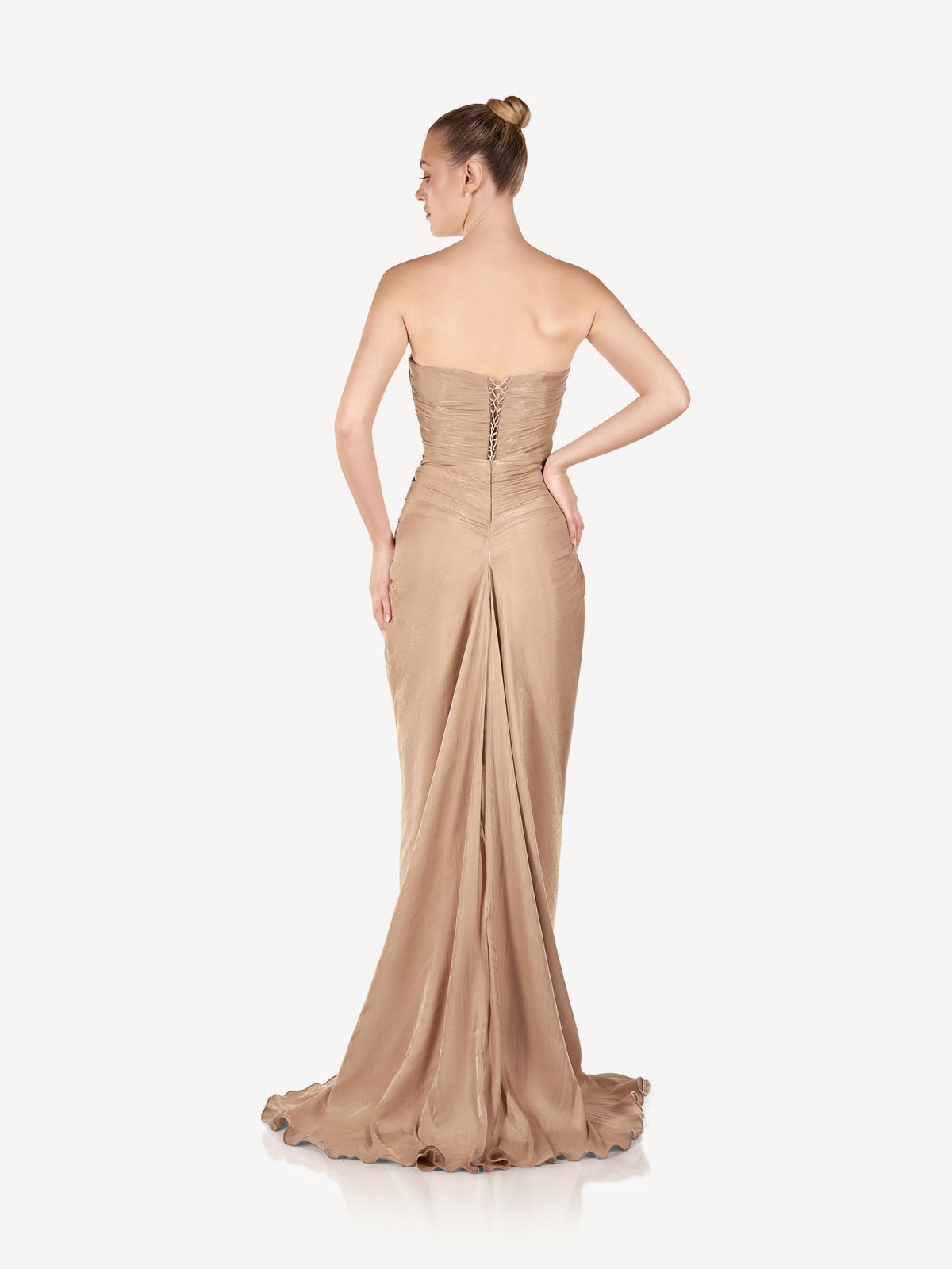 Rochie Maxi Drapata cu Bust Sculptural, Champagne Glow