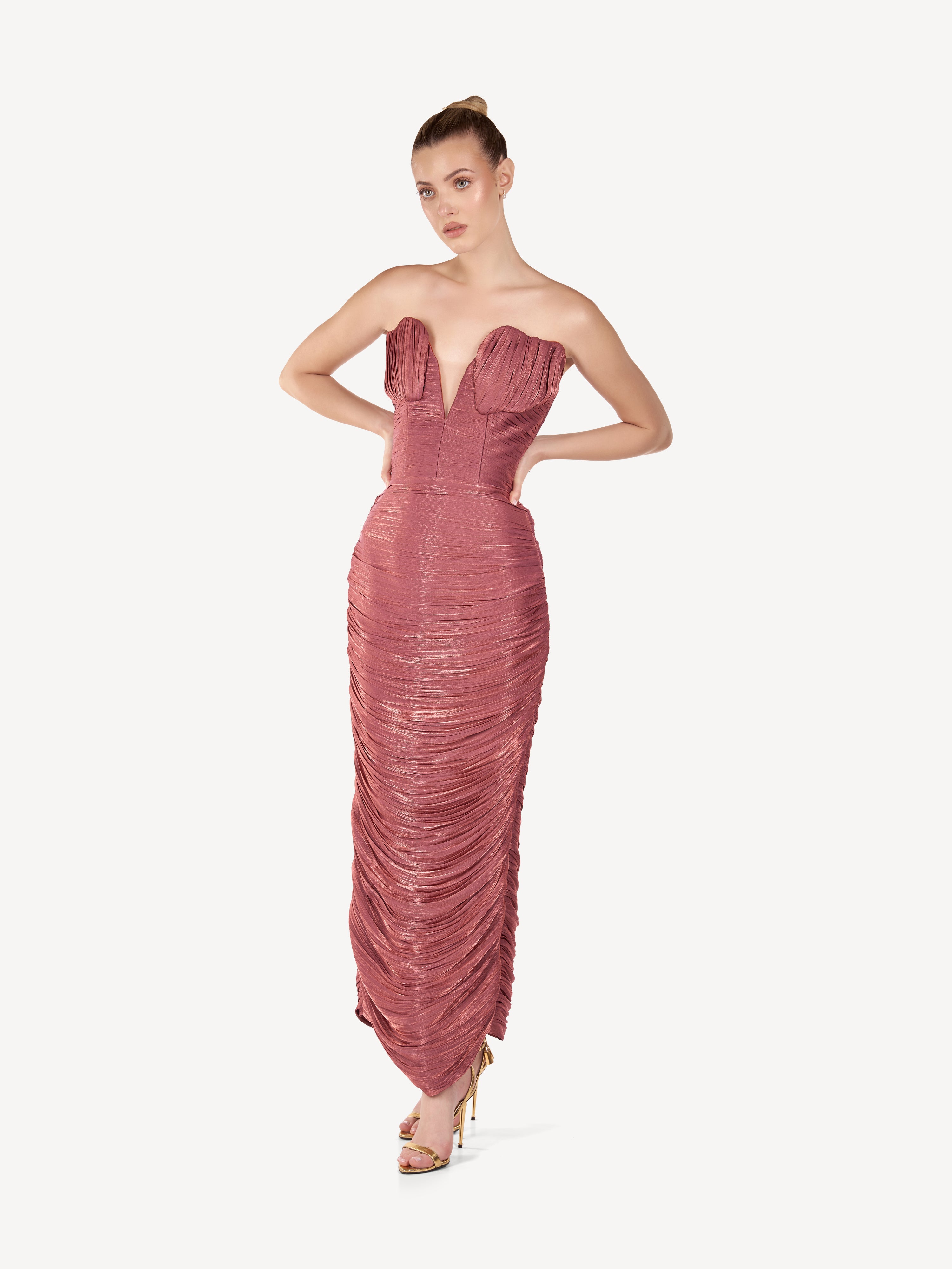 Rochie Midi Drapata cu Bust Sculptural, Rose Dust