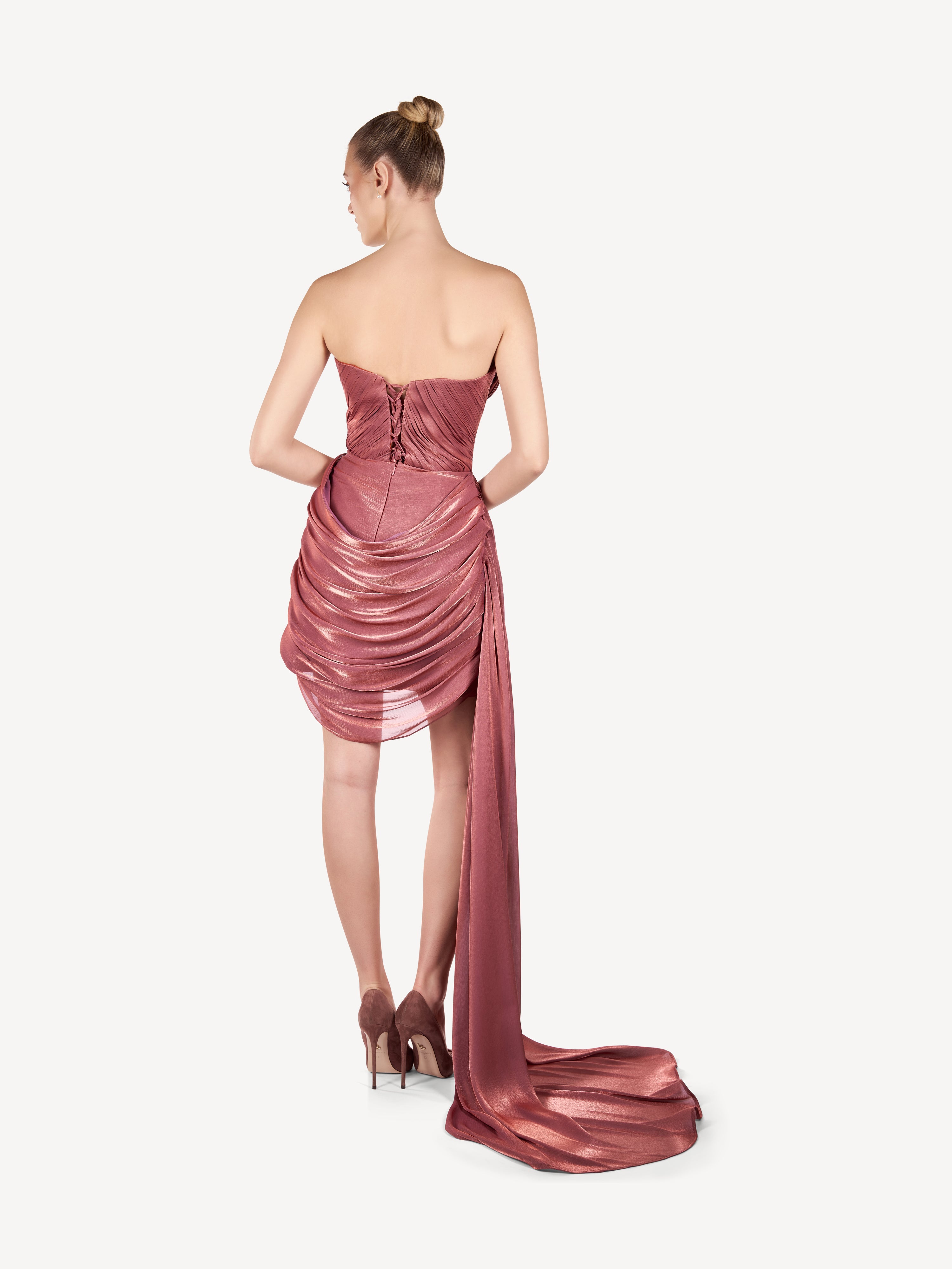 Rochie Mini cu Drapaje si Trena Laterala, Rose Étoile